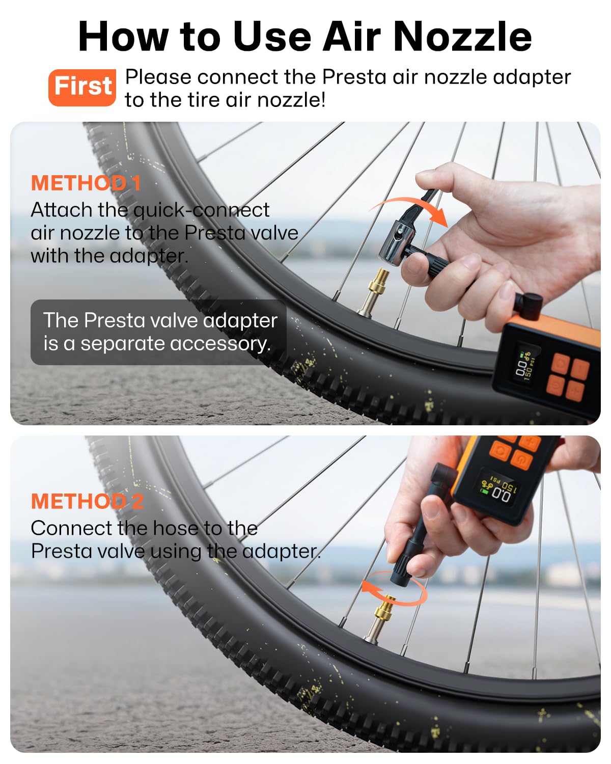 MCY Portable and Mini Bike Pump with Guage,20s Fast Inflate Electric Bike Tire Pump with 150PSI,Bicycle Pump with Presta,Schrader Valve,Auto Stop,Clear Pressure Display,Motorcycle,Ball,Swimming Ring