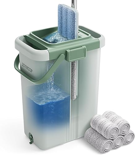 JOYMOOP Juego de trapeador y cubo, trapeadores para limpieza de suelos y limpiador de paredes con mango largo, incluye 5 almohadillas de microfibra