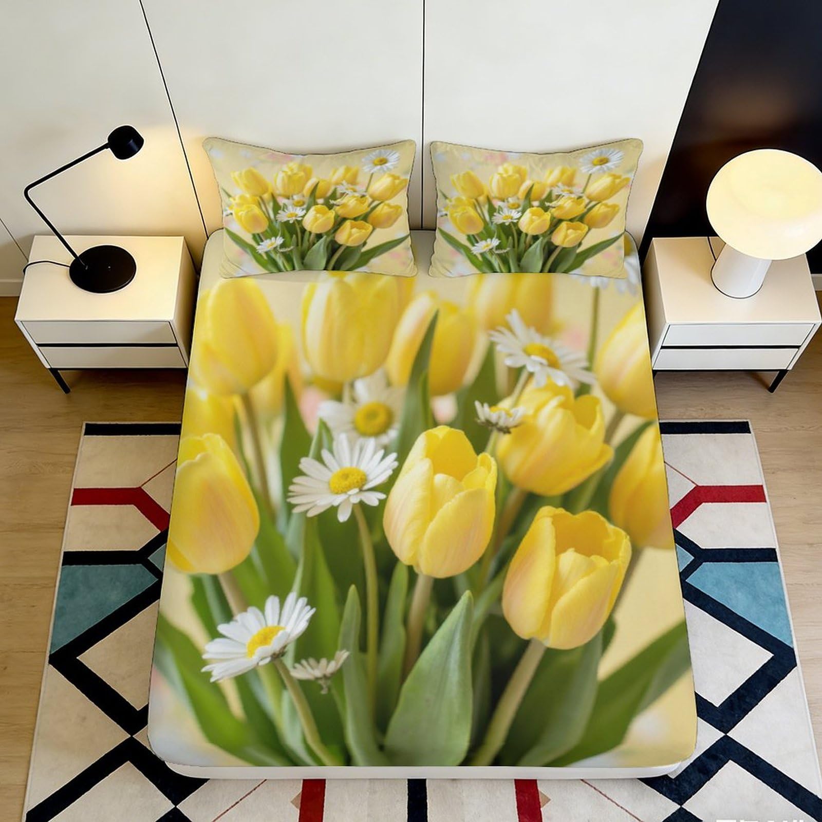 3D Printed Yellow Tulip Daisy Fitted Sheet Microfiber Soft Mattress Cover Floral Bed Decor Bedroom Dorm 140x200x25cm