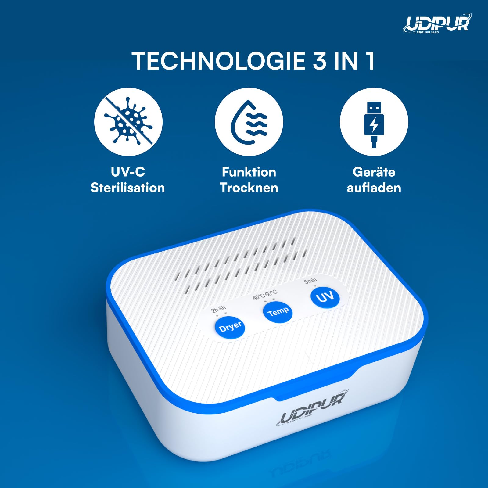 Udipur Hörgeräte-Reinigungsstation trocknet sterilisiert UV und lädt 3in1