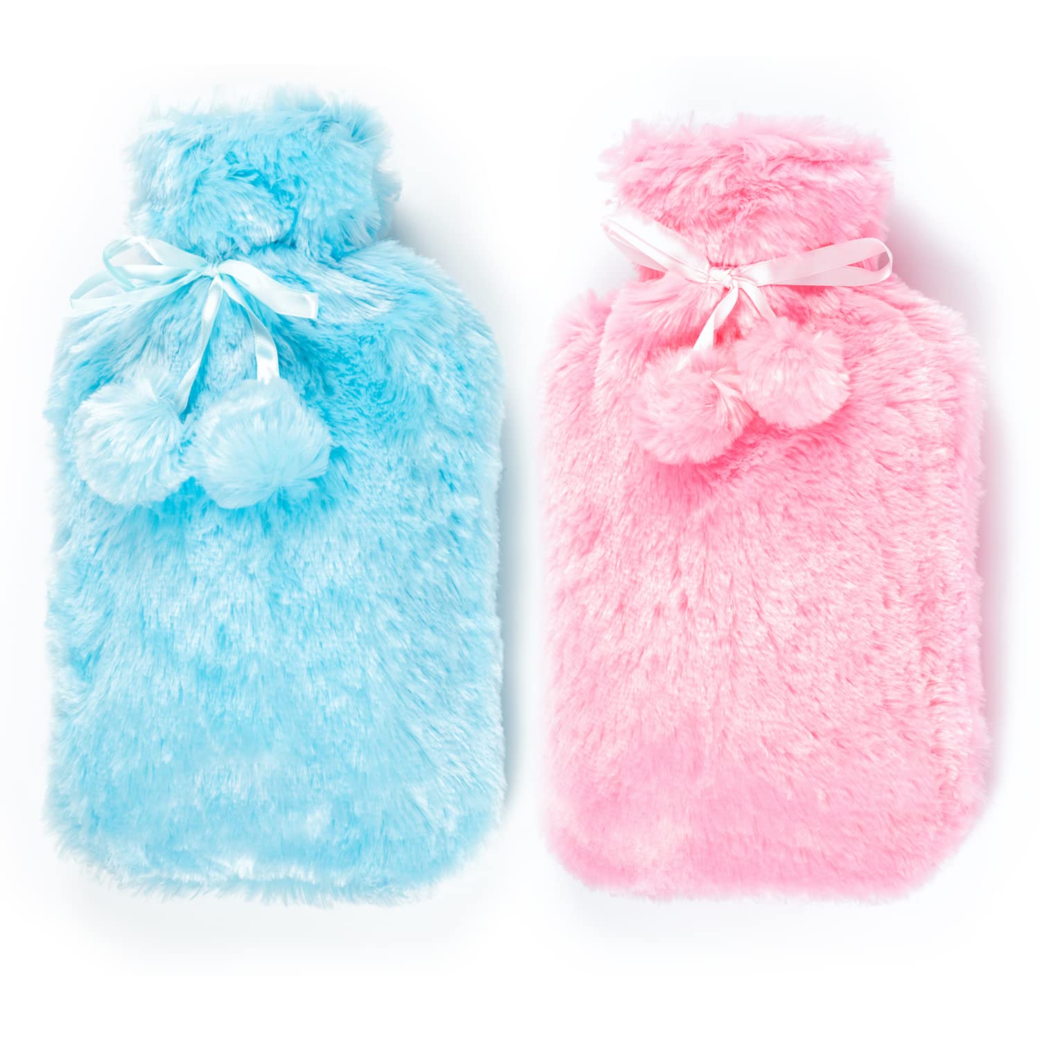 Lot de 2 bouillottes avec housse UK – 2 bouillottes en caoutchouc naturel de 2 litres – Sac d'eau chaude parfait pour soulager la douleur, chauffemains et pieds (1 bouteille crème bleu mer et 1 rose