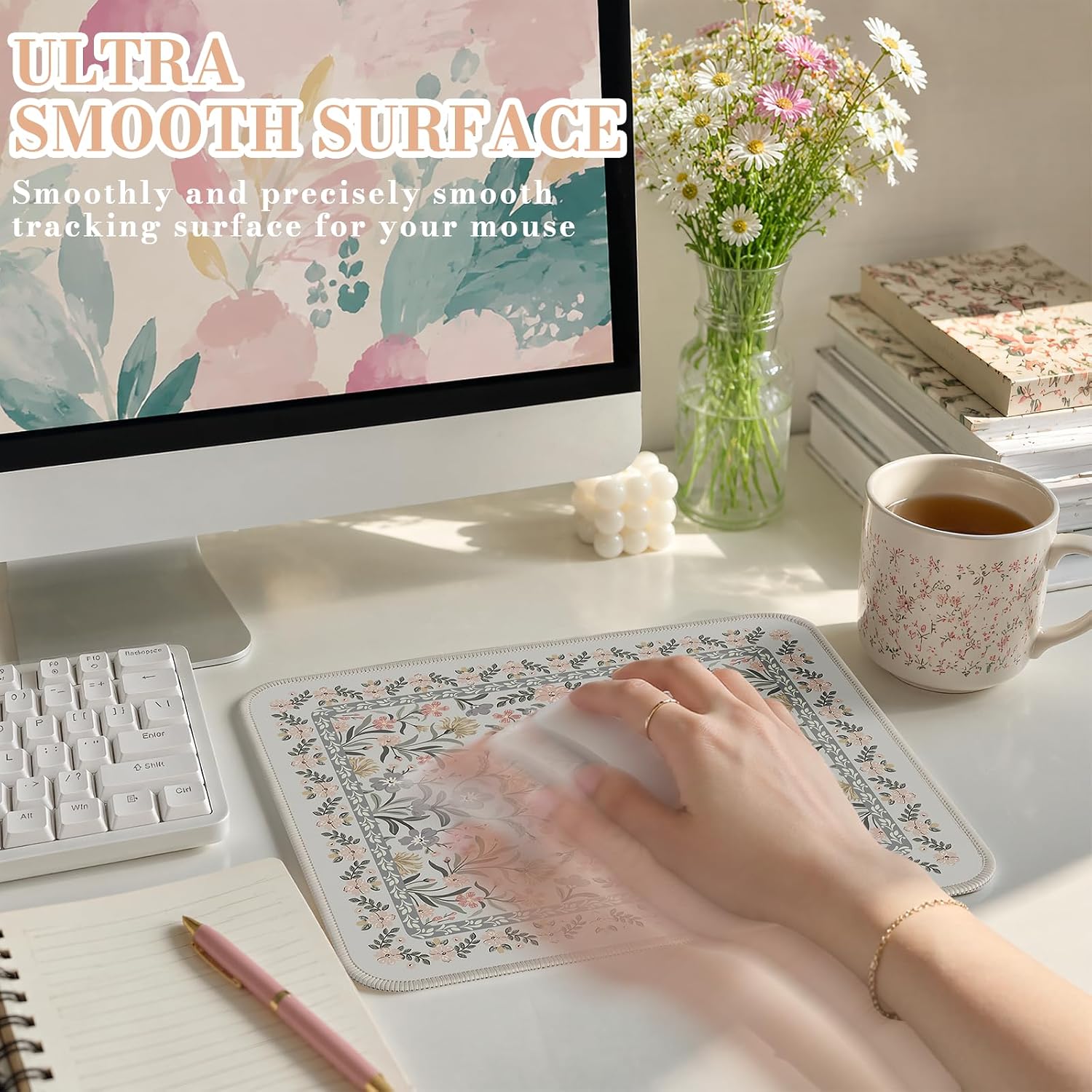 iCasso Aesthetic Small Floral Mouse Pad, Mini Portable Travel Mousepad, Anti-Slip and Comfortable Cloth Mouse Mat 7.9"x9.5" with Stitched Edges for Computer, Laptop, Office, Home(Gray Floral) thumbnail
