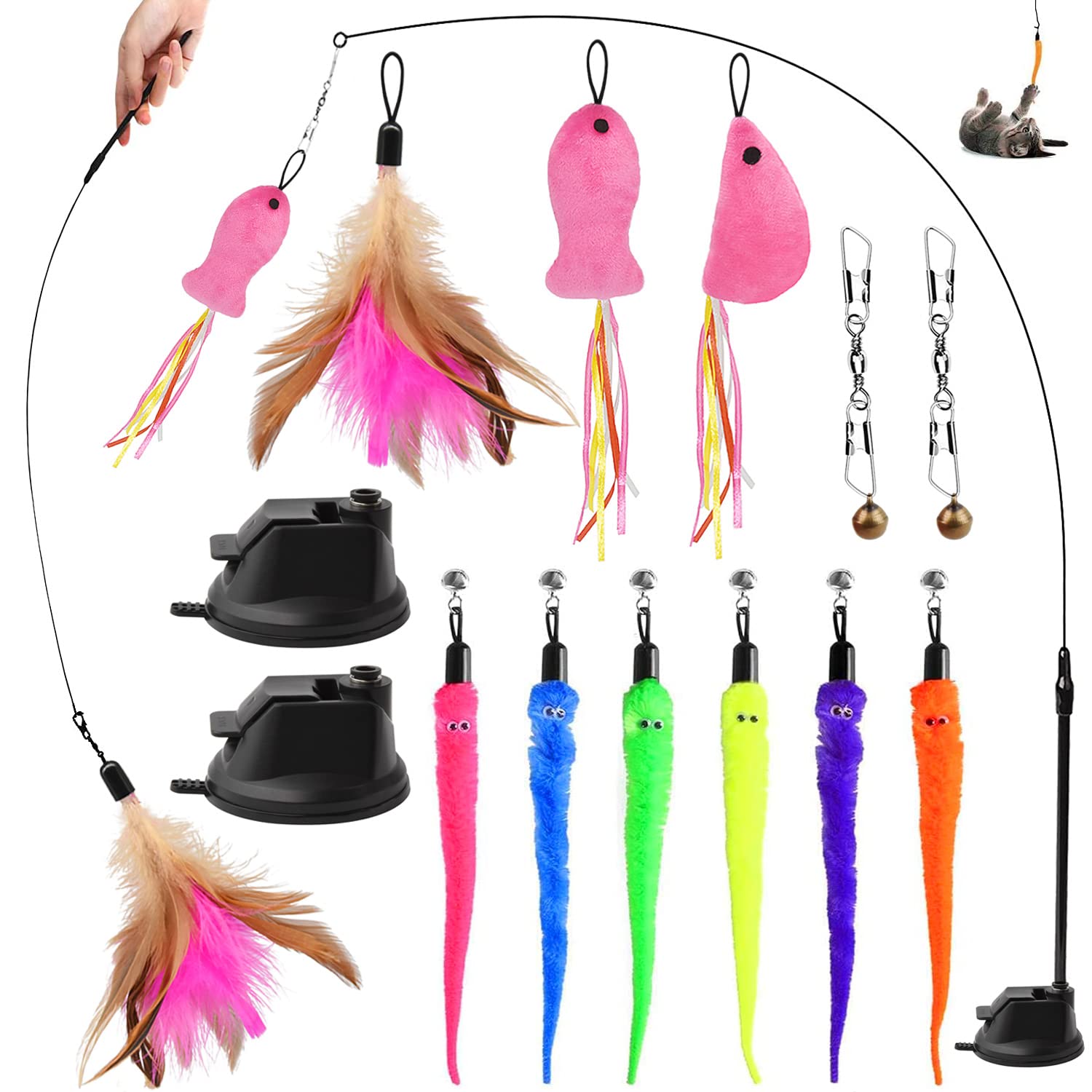 winbarry Juguetes Gatos,Pluma con Ventosa,Juguetes para Gatos con Campana,para Gato Jugar Solo Juguetes Interior Gatitos,13 Piezas
