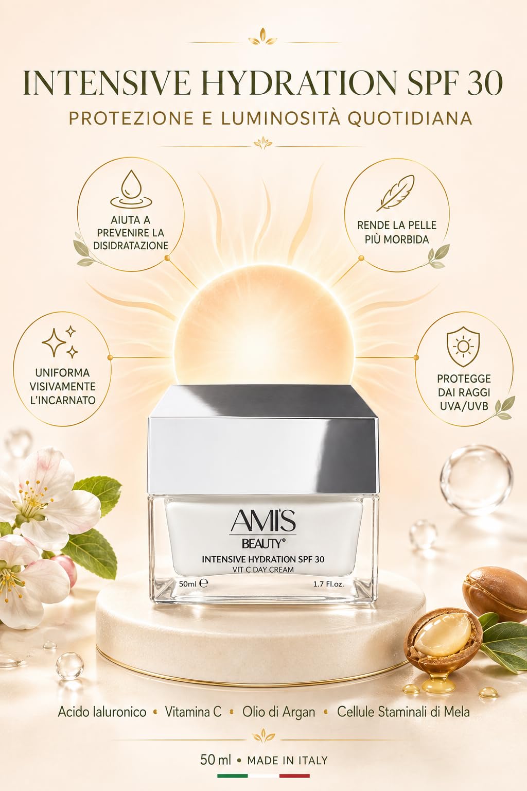 Crema Viso Idratante SPF 30 50ml – Crema Giorno con Protezione Solare UVA/UVB, Acido Ialuronico, Vitamina C, Olio di Argan e Cellule Staminali di Mela – Idratante, Illuminante – Made in Italy