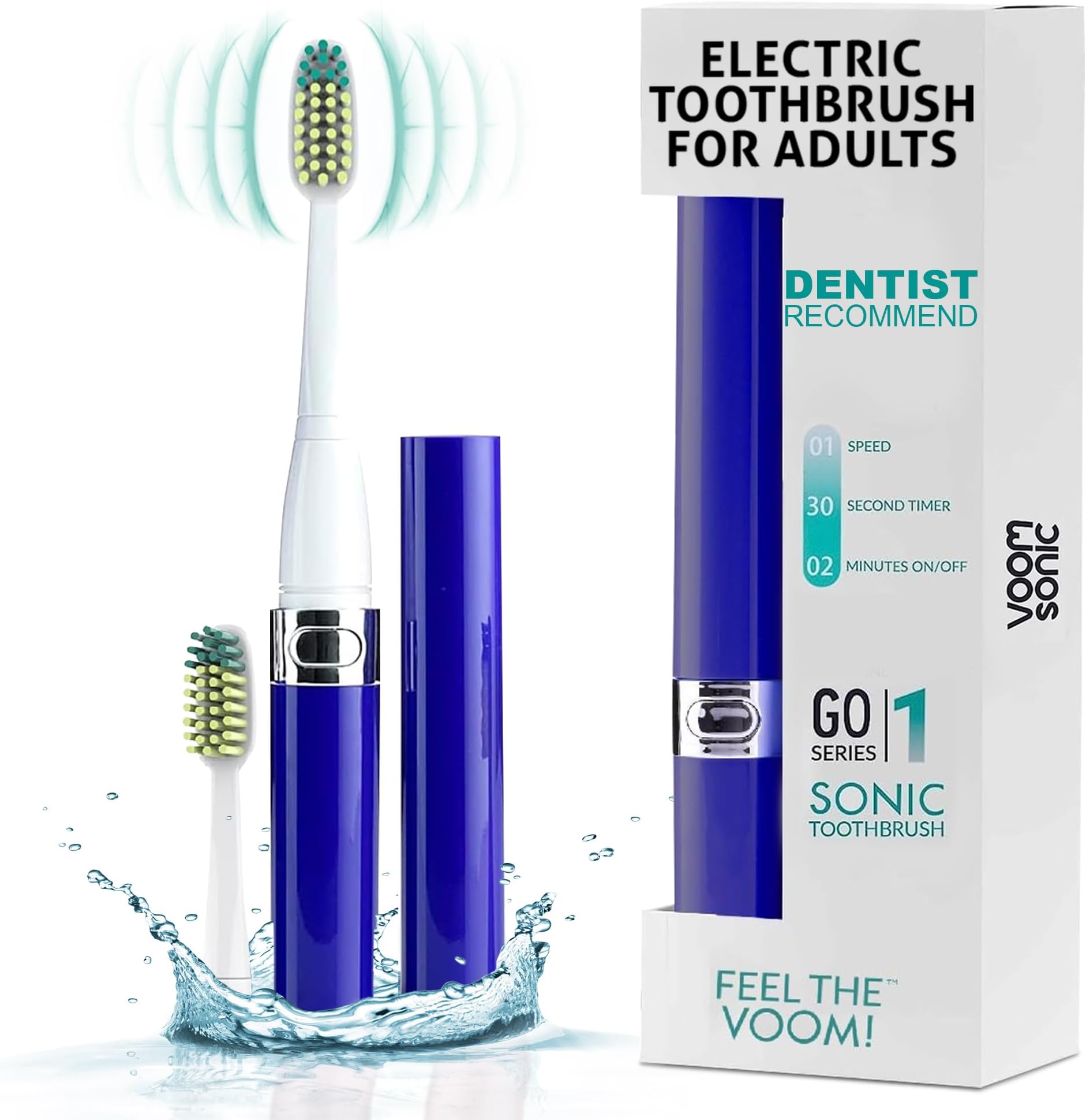 Voom Sonic Go 1 Series Battery-Operated Electric Toothbrush | Dentist Recommended | Portable Oral Care | 2 Minute Timer | Light Weight Design | Soft Dupont Nylon Bristles | Royal Blue