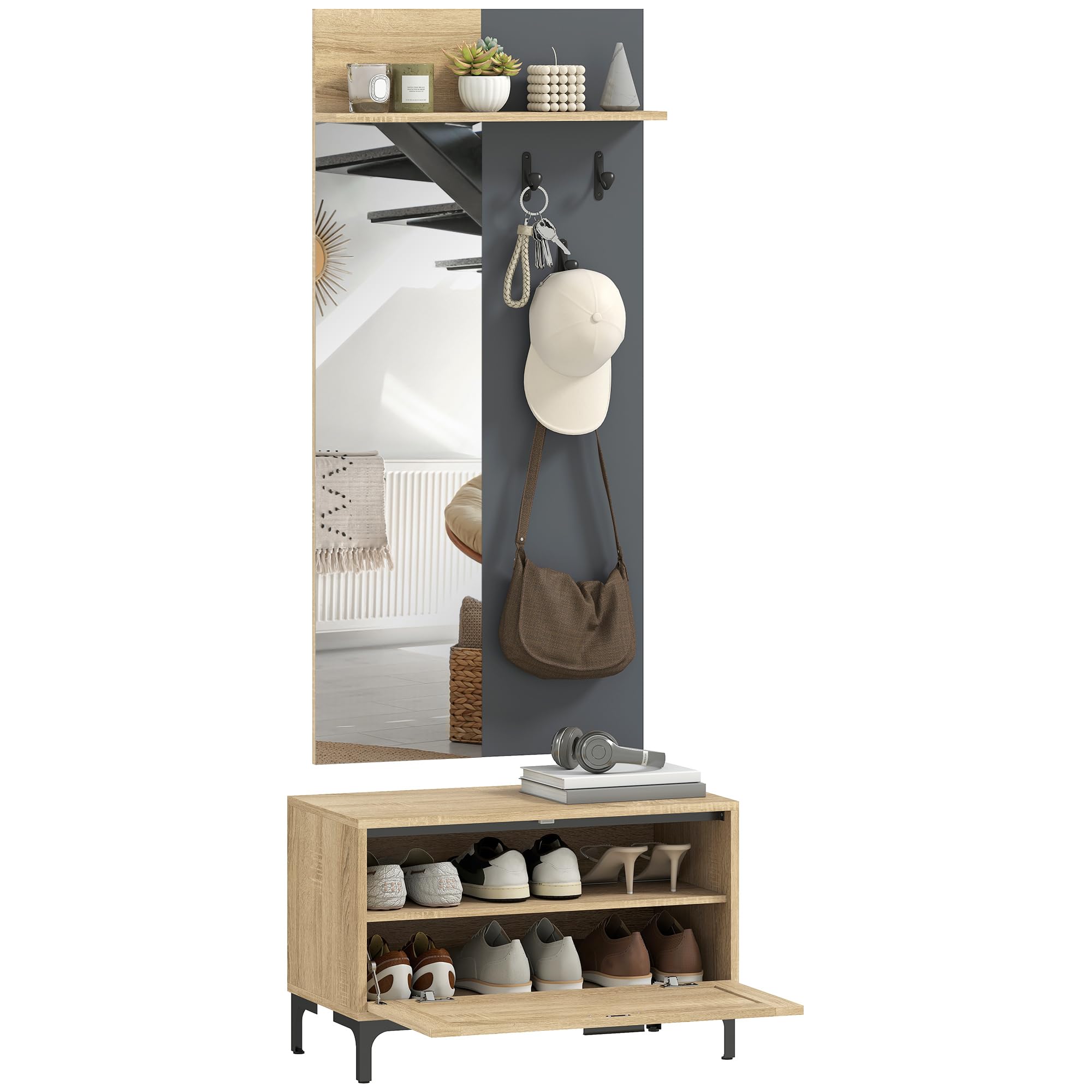 HOMCOM Garderobe Set Garderobe mit Spiegel und Schuhbank