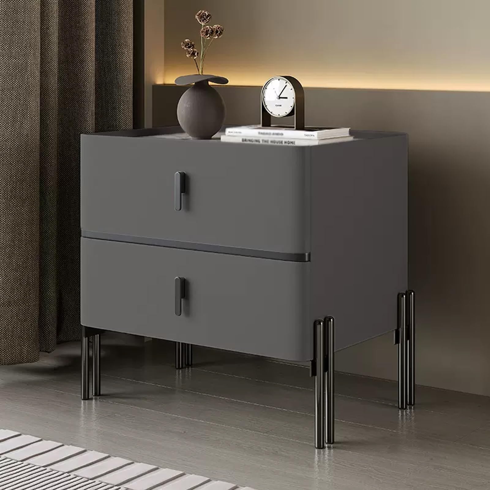 Table de chevet en bois massif avec 2 tiroirs chic en cuir microfibre et plateau ardoise moderne