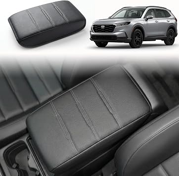 Center Console Armrest Leather Cover Compatible with 2023-2025 2026 Honda CRV Arm Rest Lid Pad Protector Anti-Scratch Waterproof Wear-Resistant Interior Accessories Black with Grey Stitches