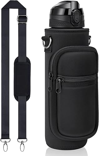 Fimibuke 32 oz Water Bottle with Sleeve - BPA Free Leakproof Sport Large 1L Plastic Motivational Water Bottle with Straw Strap & Insulated Neoprene