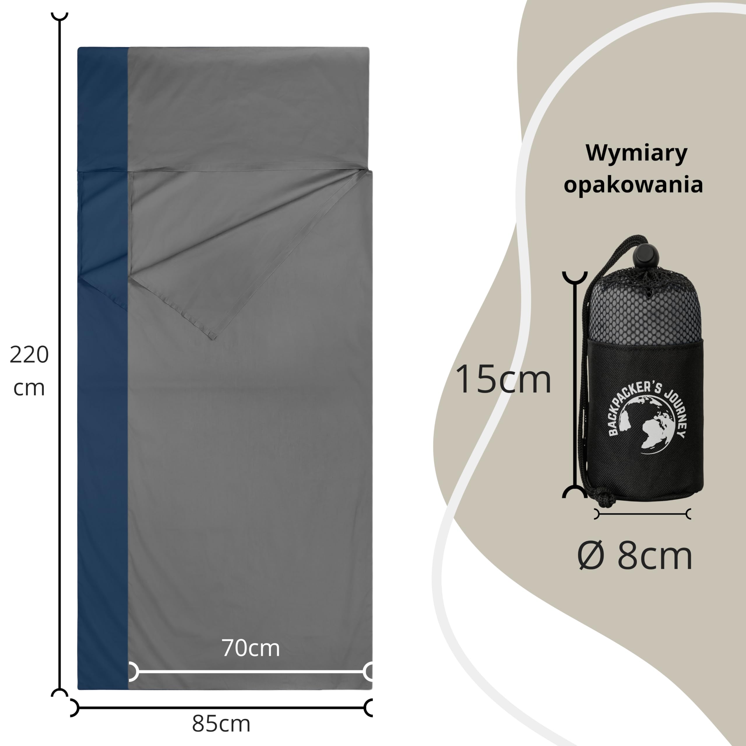 Backpacker's Journey Ultralekki śpiwór do spania (tylko 225 g) ze 100% bawełny. Higieniczny śpiwór bez zamka błyskawicznego (brak mocy cieplnej)