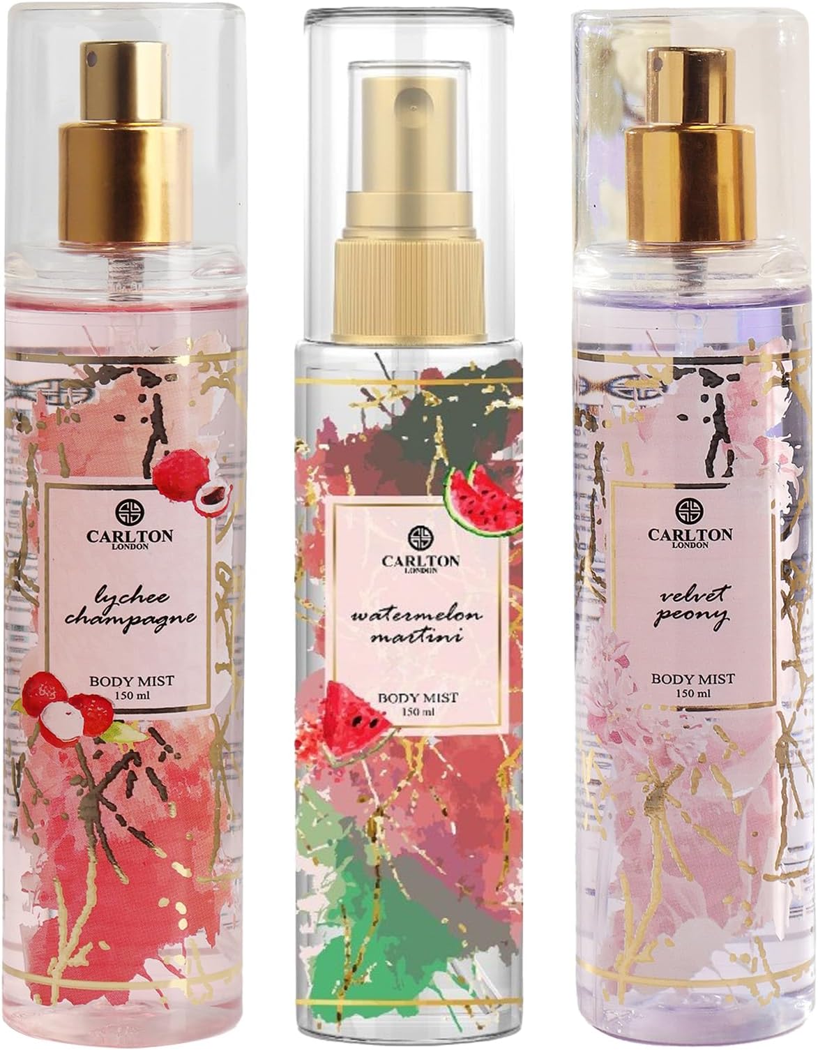 Carlton London women combo pack of 3 Watermelon, Lychee, Velvet Body Mist | Long Lasting Vanila Musk Scent | Travel-Friendly Perfume Body Spray - 3x150ml Each best for women and girls