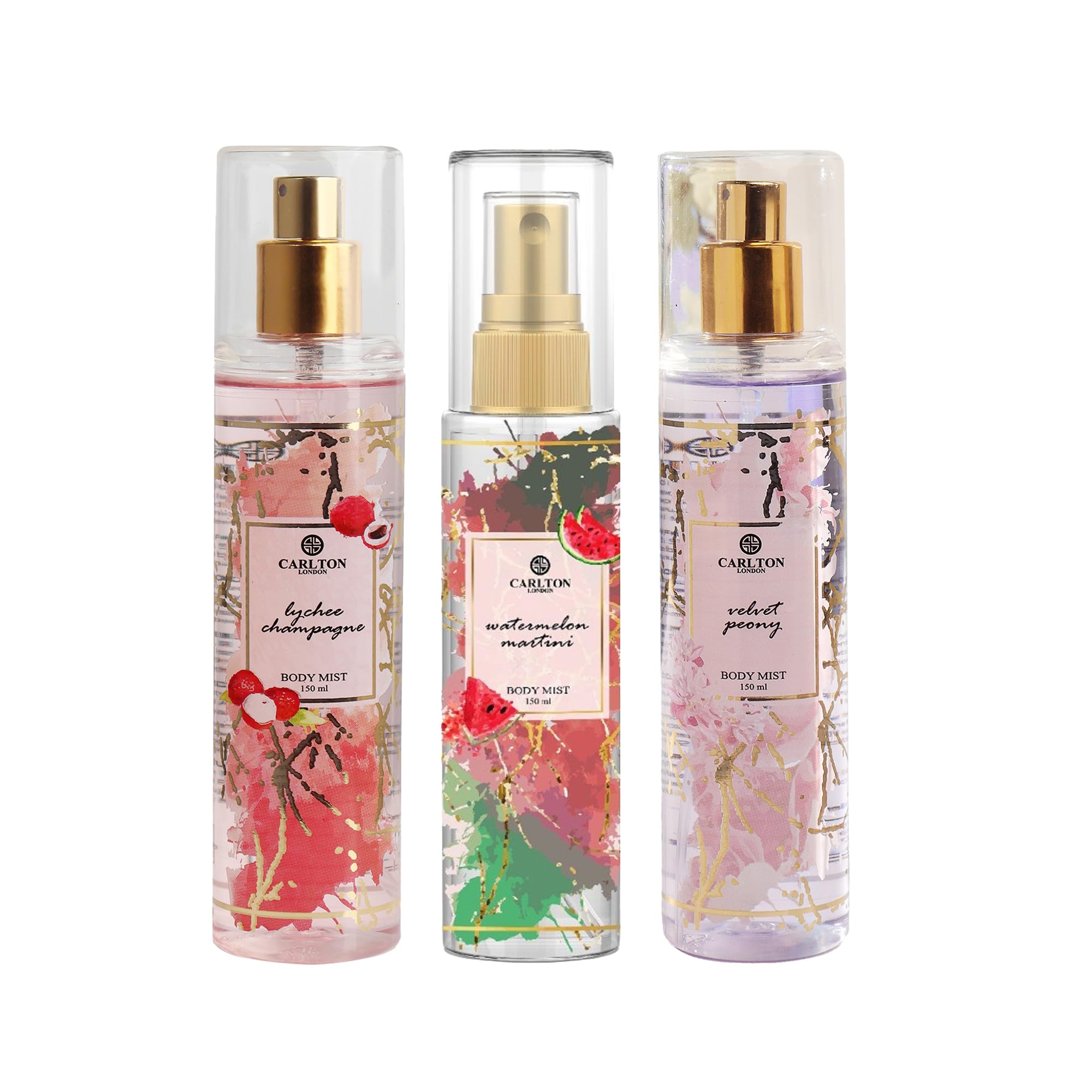 Carlton London women combo pack of 3 Watermelon, Lychee, Velvet Body Mist | Long Lasting Vanila Musk Scent | Travel-Friendly Perfume Body Spray - 3x150ml Each best for women and girls