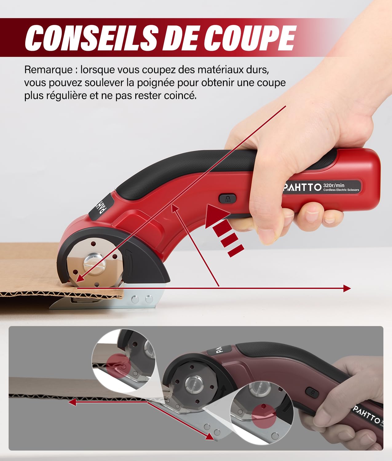 PAHTTO Cisaille électrique Coupe-carton 4 V, 320 tr/min, coupe-rouleau sans fil Coupe-tout universel avec 2 lames auto-affûtantes et chargeur, pour papier, carton, moquette, cuir, tissu (rouge)