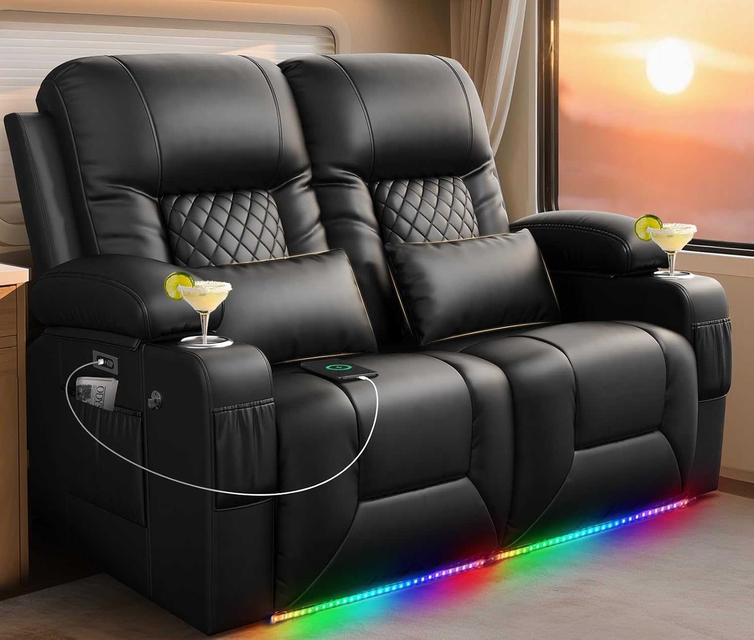 Power RV Loveseat Recliner Sofa, Reclining Loveseat Home Theater Seating with USB Ports, Cup Holders, Wall Hugger Recliners for Movie Room, Recline Movie Seats Gaming Sofa