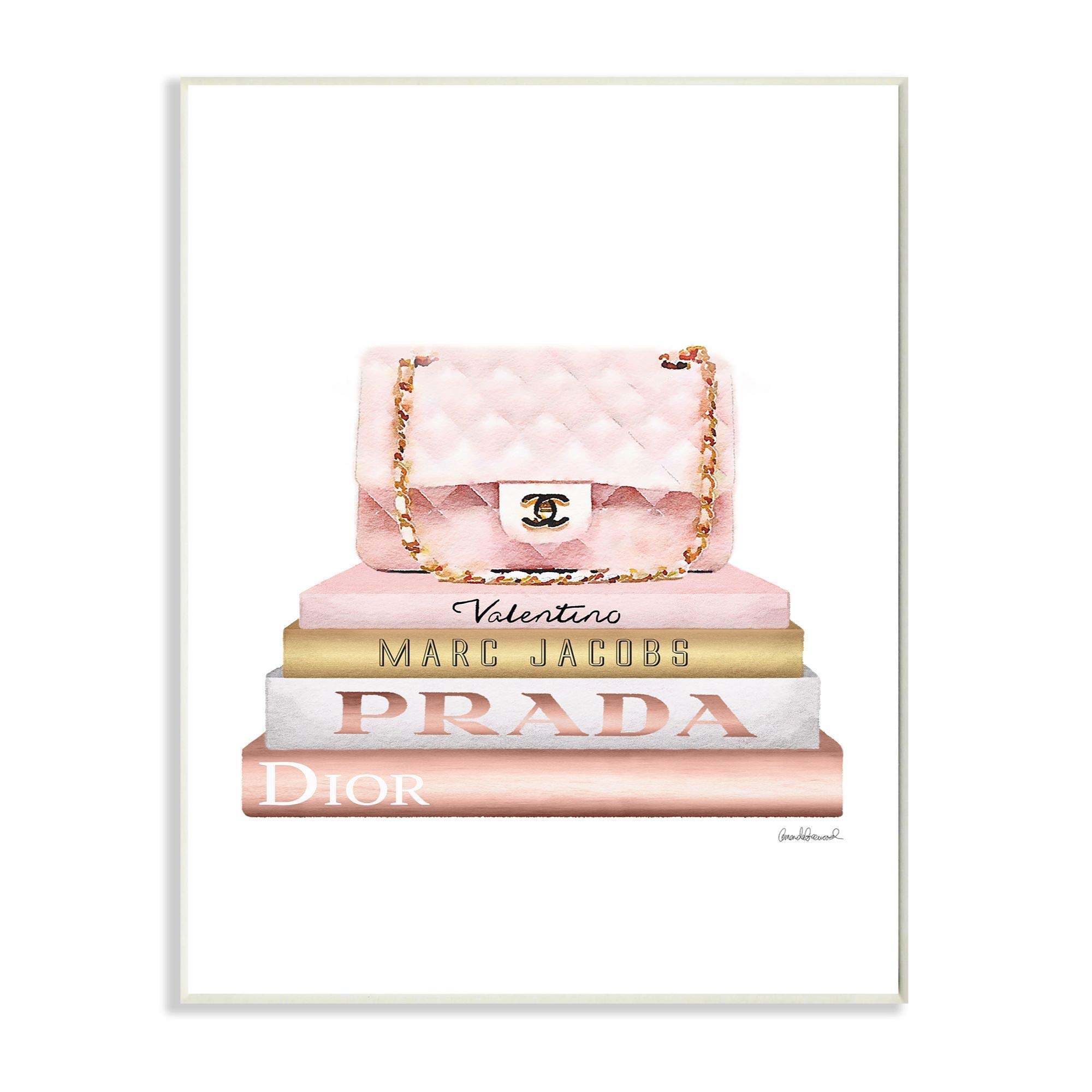 Stupell Industries Fashion Designer Purse Bookstack Pink White Gold Watercolor Wall Plaque Art, 10 x 15, Multi-Color