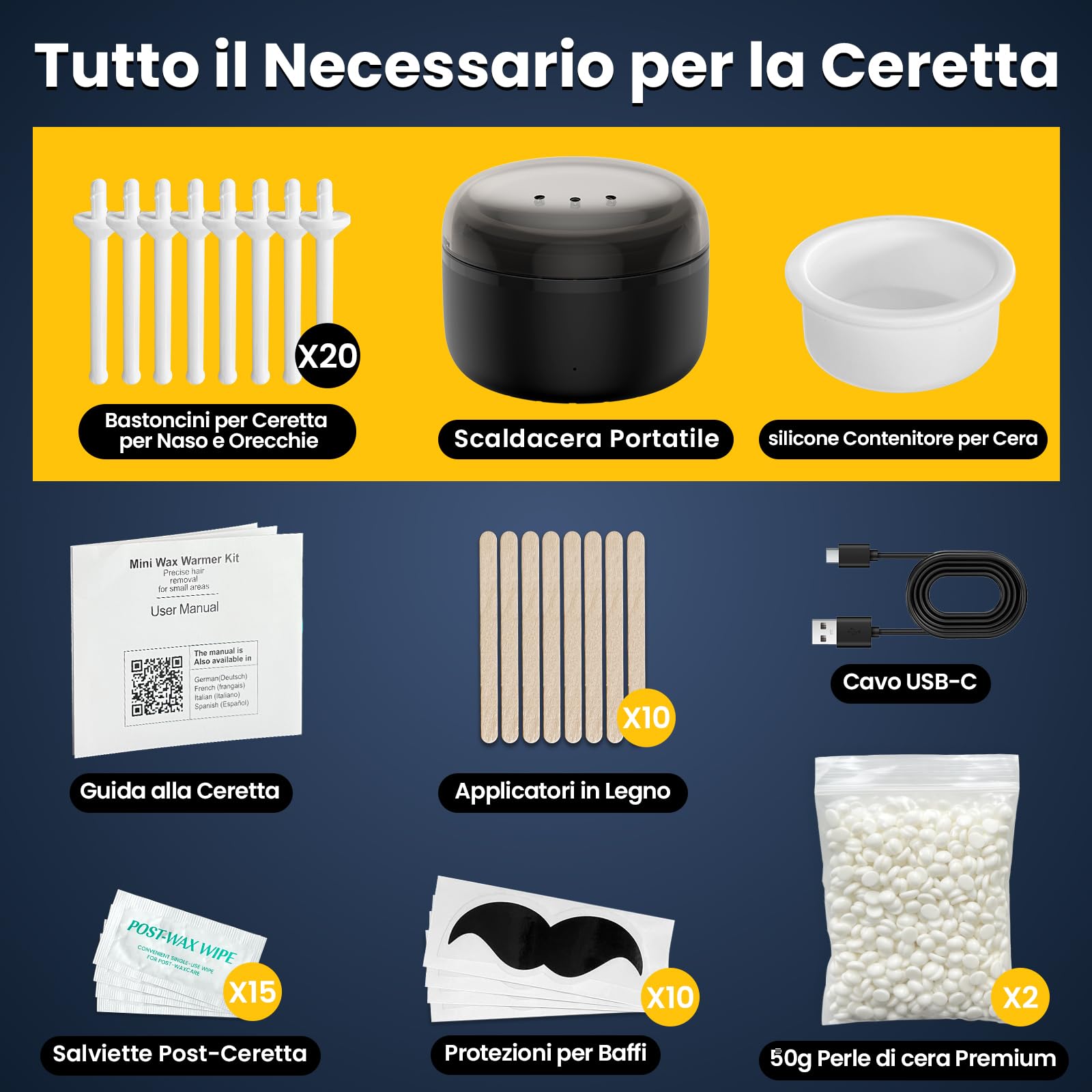 Ceretta per Naso e Orecchie per Uomo, Ceretta per Sopracciglia - Epilatore Viso con mini Scaldacera, Calore Rapido,100g Cera, 20 Applicatori, Depilazione Naso, Orecchie, Sopracciglia per Uomo e Donna