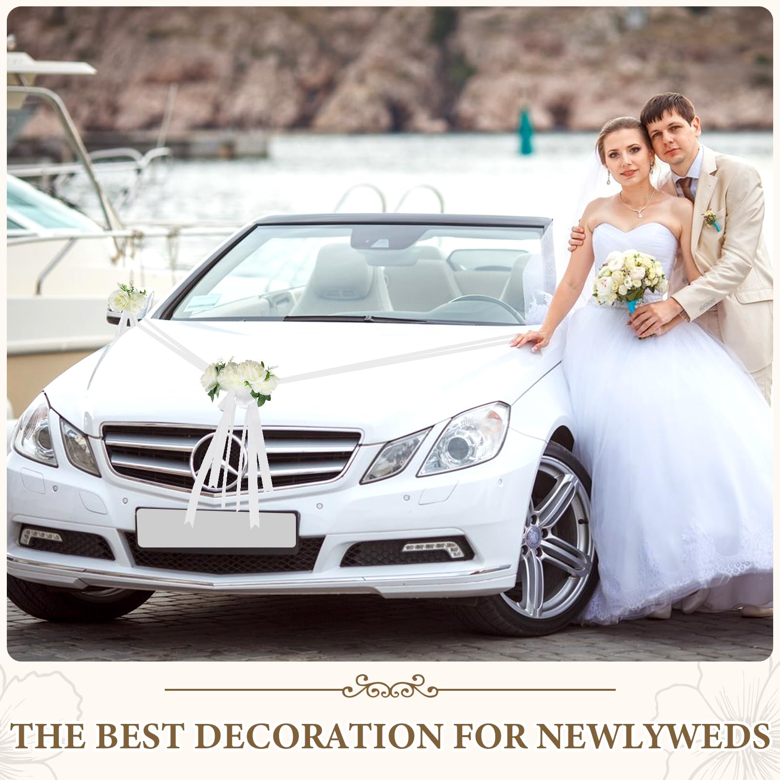 Decorazione Floreale Auto Matrimonio, Set Cofano Bianco con 3 Rose, Ventose, 2 x 4,4 m di Nastri, 4 Fiocchi e 1 Nastro Adesivo, Addobbi per Macchina da Sposa e Festa