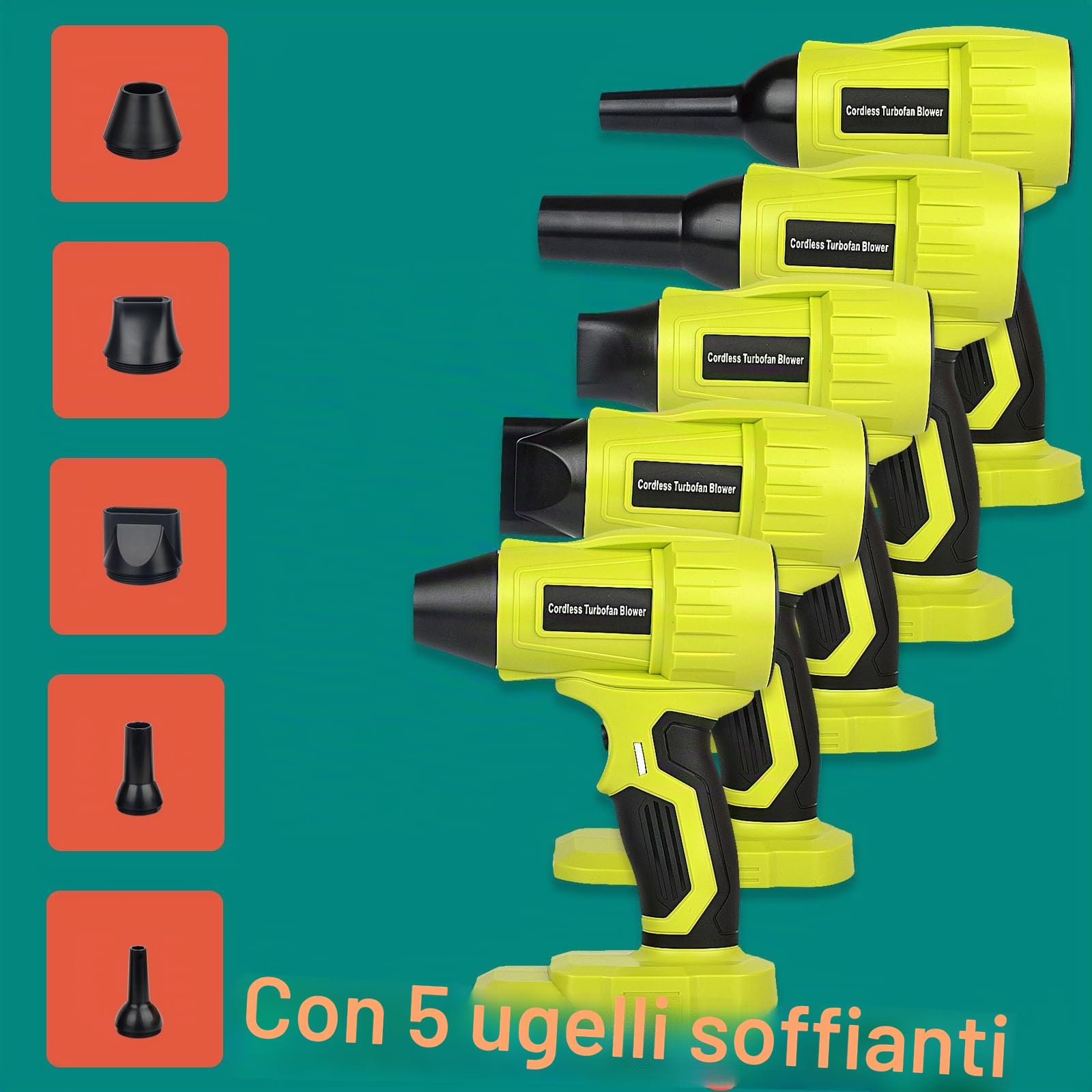 Soffiatore d'aria senza spazzole per batteria Ryobi da 18 V, spolverino senza fili con velocità regolabile all'infinito, 96000 giri/min, per cantiere, campeggio e giocattoli da piscina (batteria non