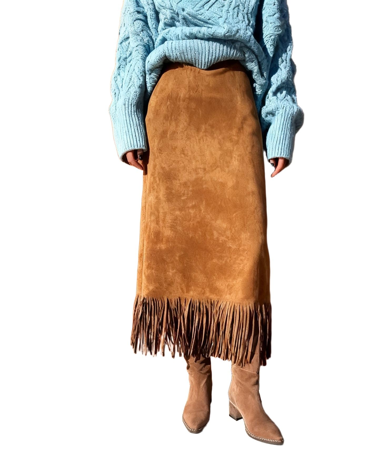 Apvirdy Womens Fringe Trim Faux Suede Skirt High Waisted Slim Fit Western Skirt Country Concert Midi Pencil Skirt