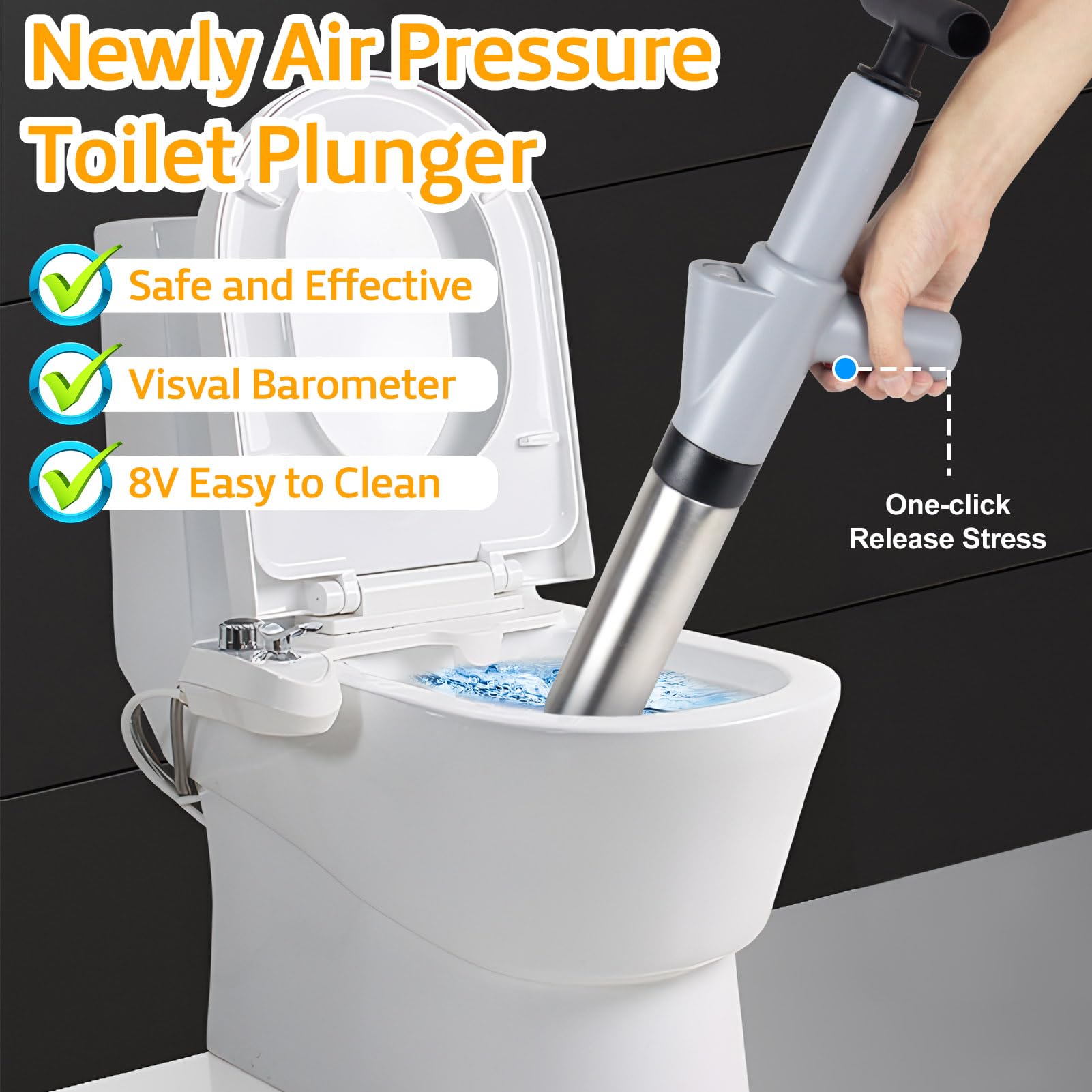 Toilet Plunger, High Pressure Plunger Kit, Unblocker Heavy Duty Toilet Plunger with with A Holder and 4 Replaceable Heads - Image 2