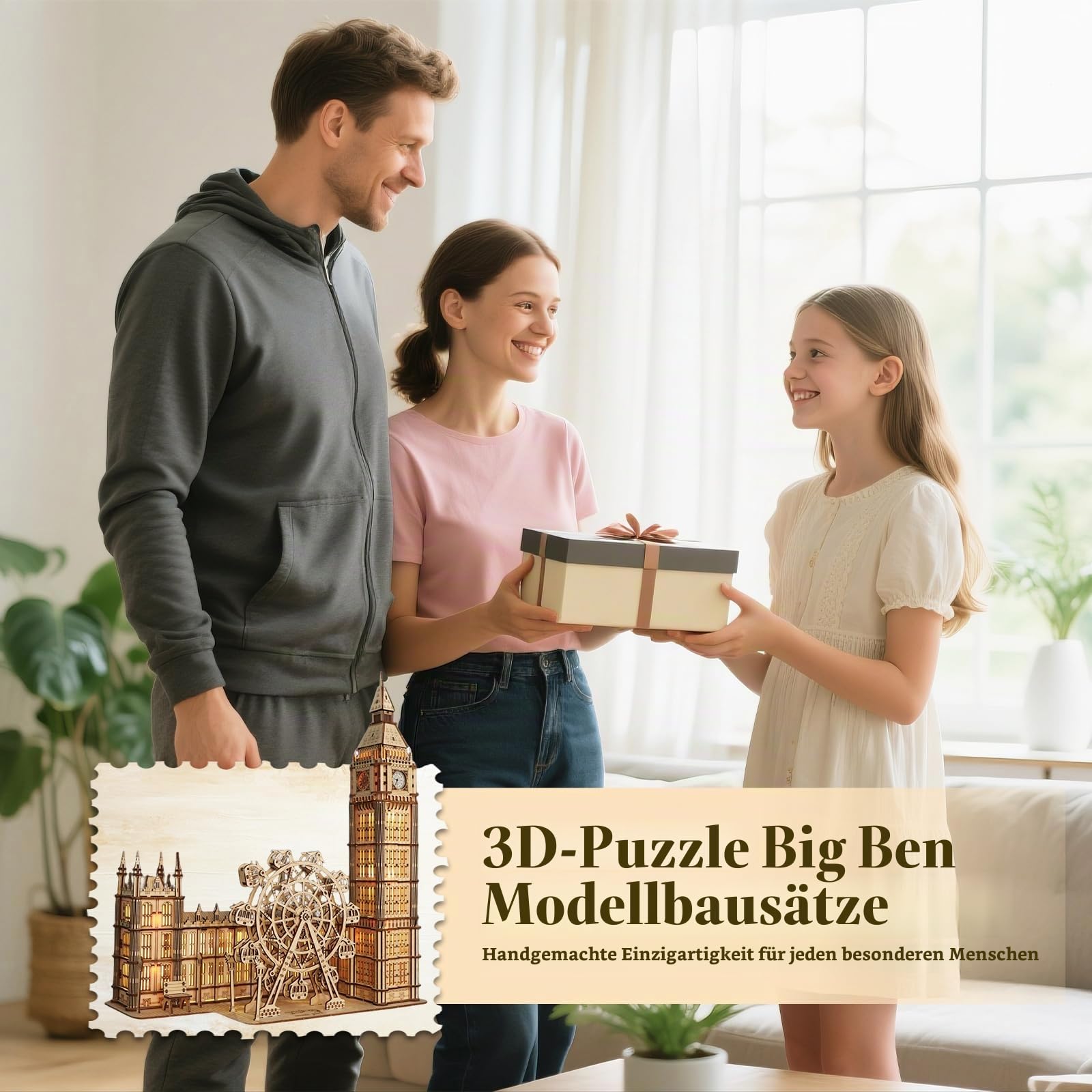 3D Holzpuzzle Big Ben mit Echter Uhr - 35cm London Modellbausatz für Erwachsene - DIY Bastelset ohne Kleber mit Beweglichem Riesenrad - Deko für Wohnzimmer & Büro - Geschenk für Männer & Frauen