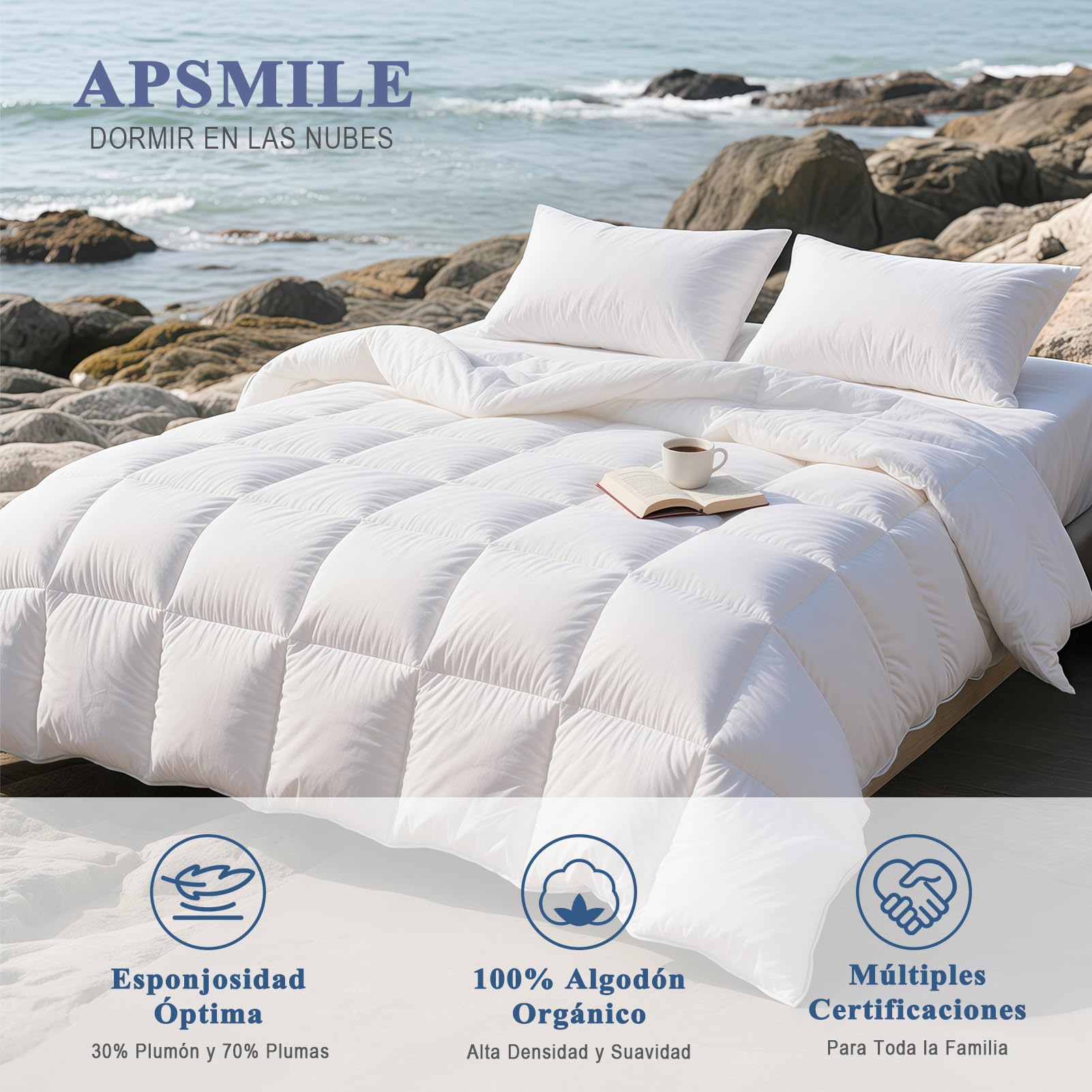 APSMILE Edredón Cama 90-70% Plumas y 30% Plumón, 100% Algodón Orgánico, Edredón Relleno Nórdico Plumón Verano 180gr/㎡, Esponjoso, Certificado Oeko-Tex y RDS(Blanco, 135x200cm)