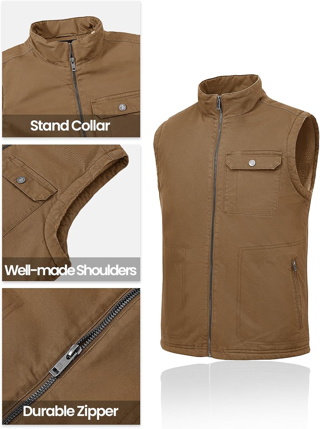 TBMPOY Men's Winter Vest Outerwear Fleece Sherpa-Lined Casual Vests Warm Cotton Jacket With Full Zipper - Image 5