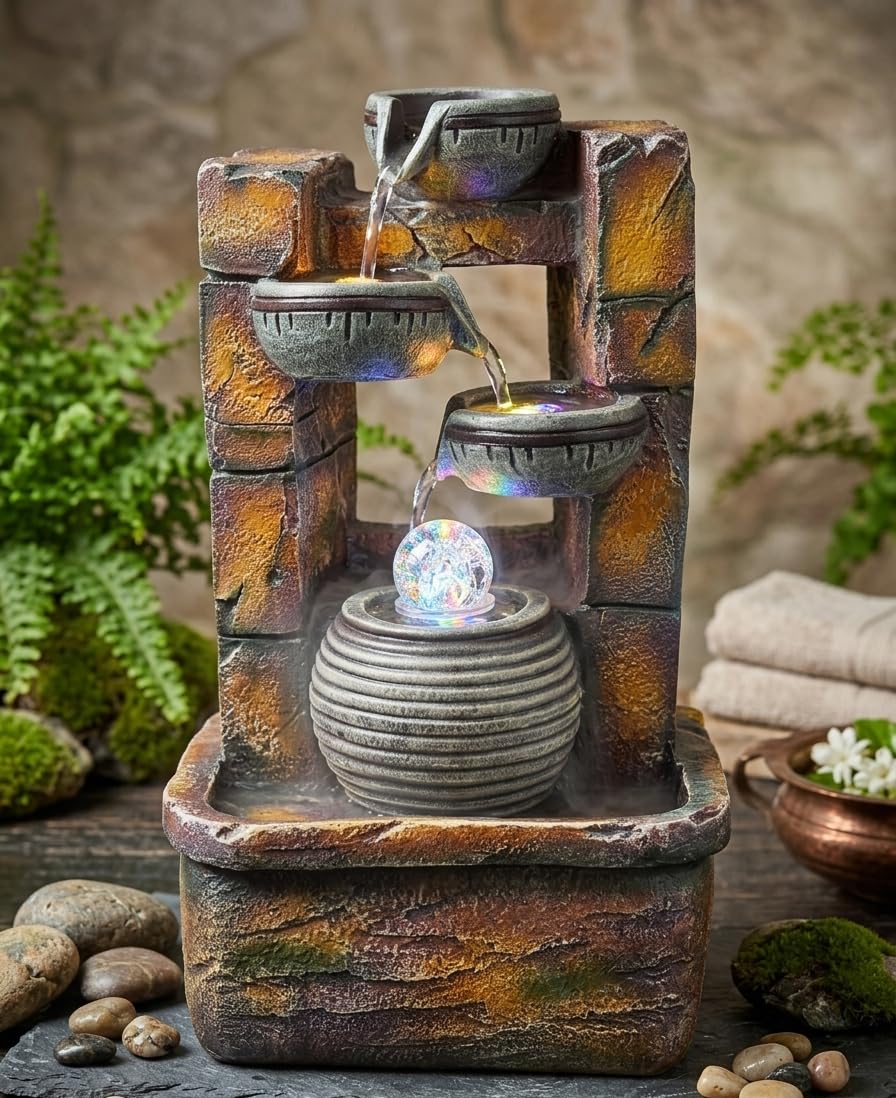 Ani Divine Polyresin Table Top Diya Steps Water Fountain || Big LED Cascading Design Indoor Waterfall Fountain Showpiece for Home Decor, Living Room, Balcony, Housewarming Gifts-image-14
