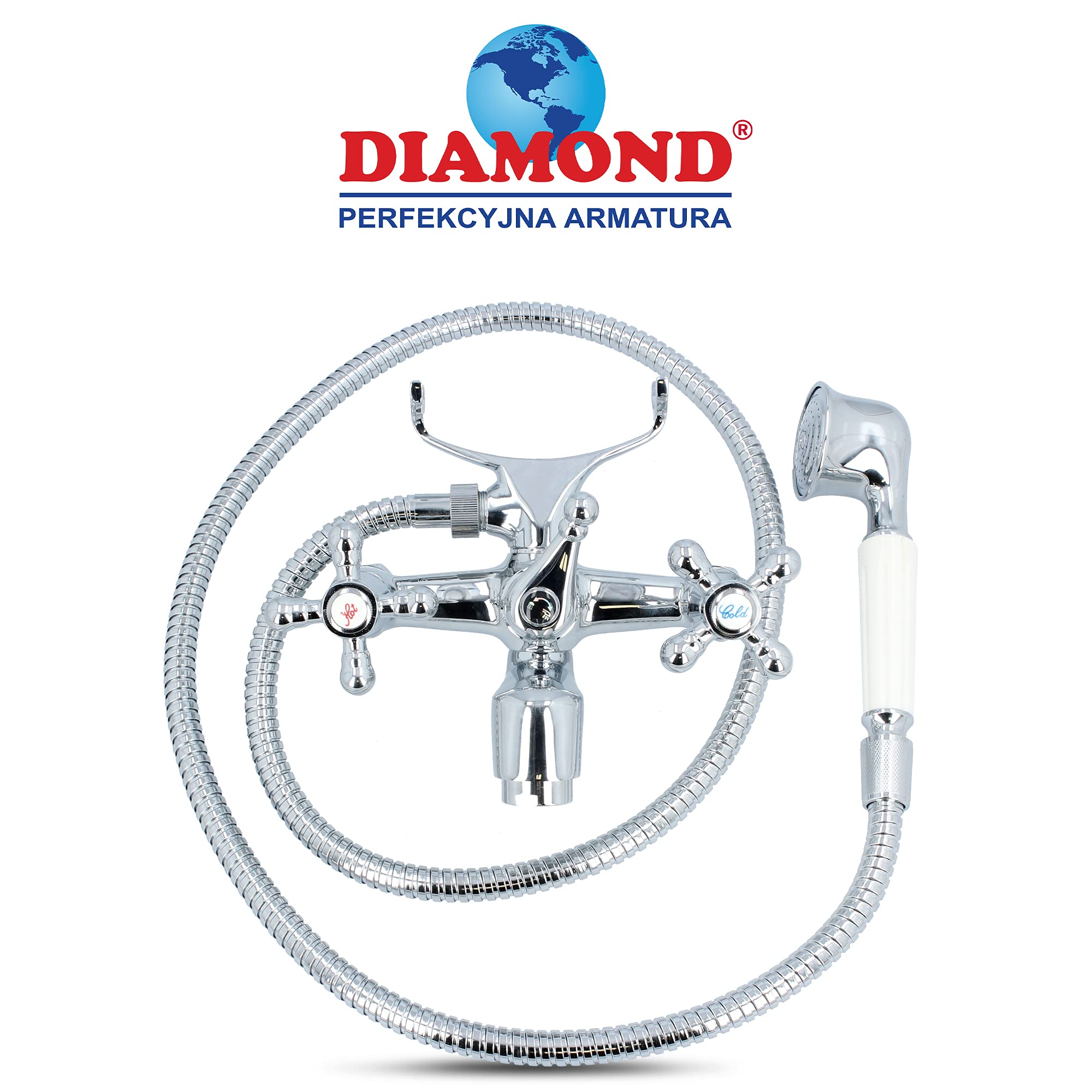 Nostalgie Retro Badewannenarmatur + Handbrause Duschkopf Mit Schlauch Zwei Griffe Mischbatterie Badewanne Wasserhahn Bad Messing Verchromt | Vintage Kreuzgriff Armatur Hot & Cold Wandmontage