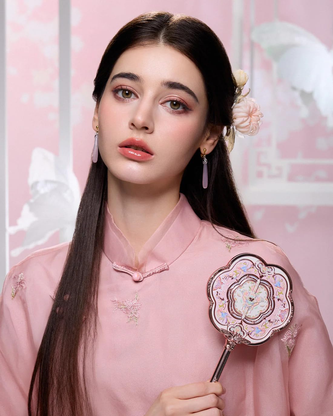 Flower Knows Butterfly Cloud Collar Hand Mirror,Vintage Chinese Round Fan Design,Fancy & Pretty Princess Handheld Mirror with Long Handle,Gift for Girls & Women(Lotus Pink)