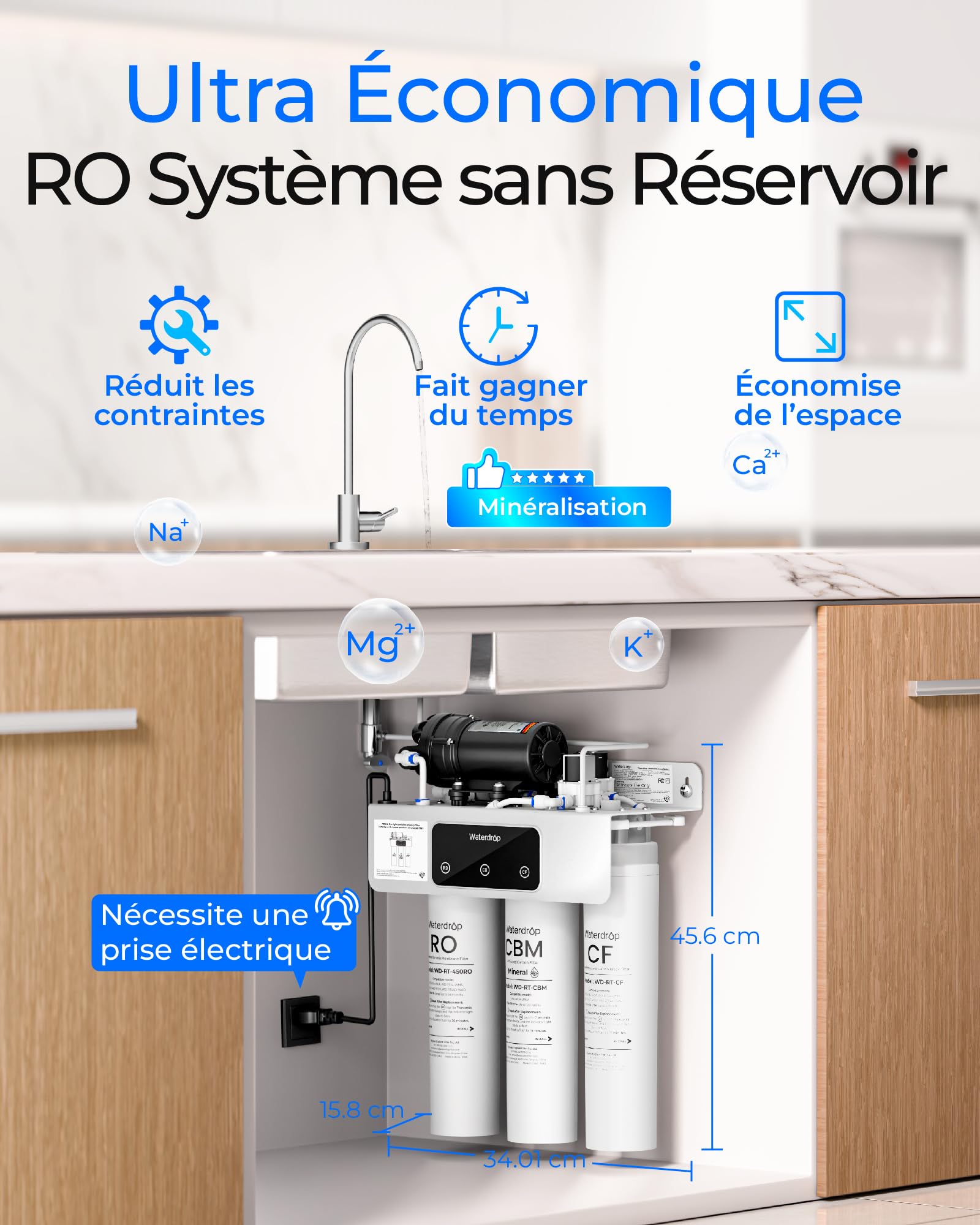 Waterdrop T3-M Système d'Osmose Inverse Reminéralisant sans Réservoir, Certifié NSF/ANSI 372, Filtre à Eau RO à 9 Étapes, 450 GPD, Ratio Eau Pure/Eau de Rejet de 2:1, Raccordement Électrique Requis
