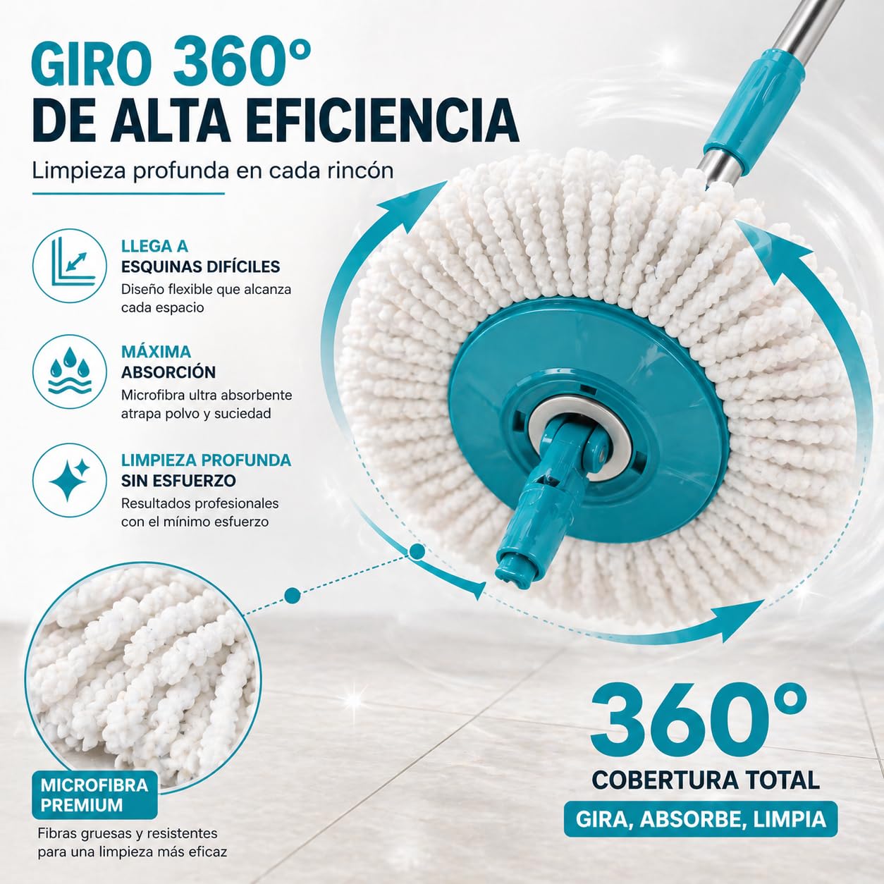 TIENDA EURASIA – Cubo Fregona Centrífugo con Mopa Giratoria 360º | con Escurridor | Mango Extensible | Tapón de Vaciado | Plástico PP y Acero Inoxidable | Azul Turquesa (Pedal - 12L - 25.5x47x23 cm)