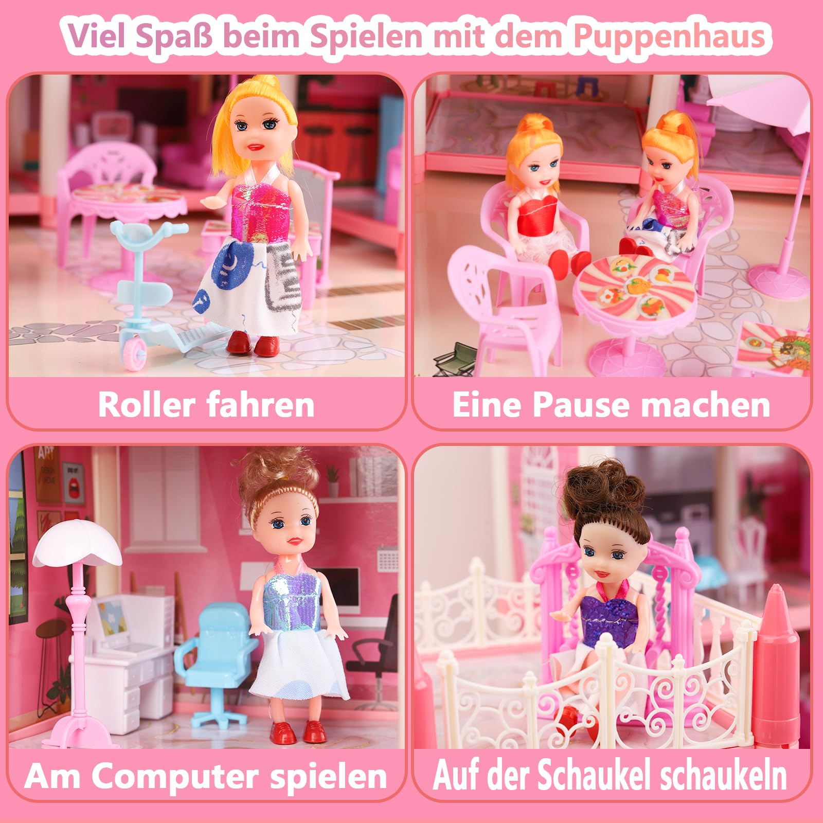 Großes Puppenhaus für Mädchen von 3–12 Jahren, 11 Zimmer, Puppenhaus mit Beleuchtung, Spielmatte, Puppen, Möbeln und umfangreichem Zubehör, Kinder