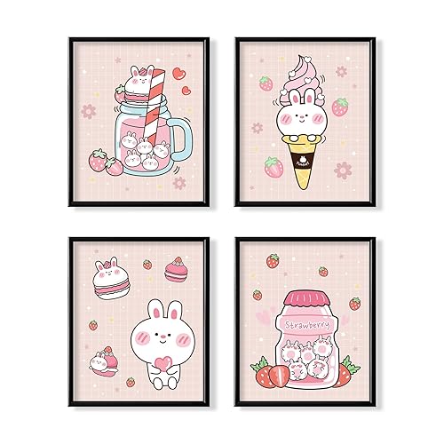 Pink Cute Kitchen Room Decor - Kawaii Japanese Anime Wall Decor for Dining Room - Aesthetic Rabbit Strawberry Posters Prints for Teen Girl Bedroom