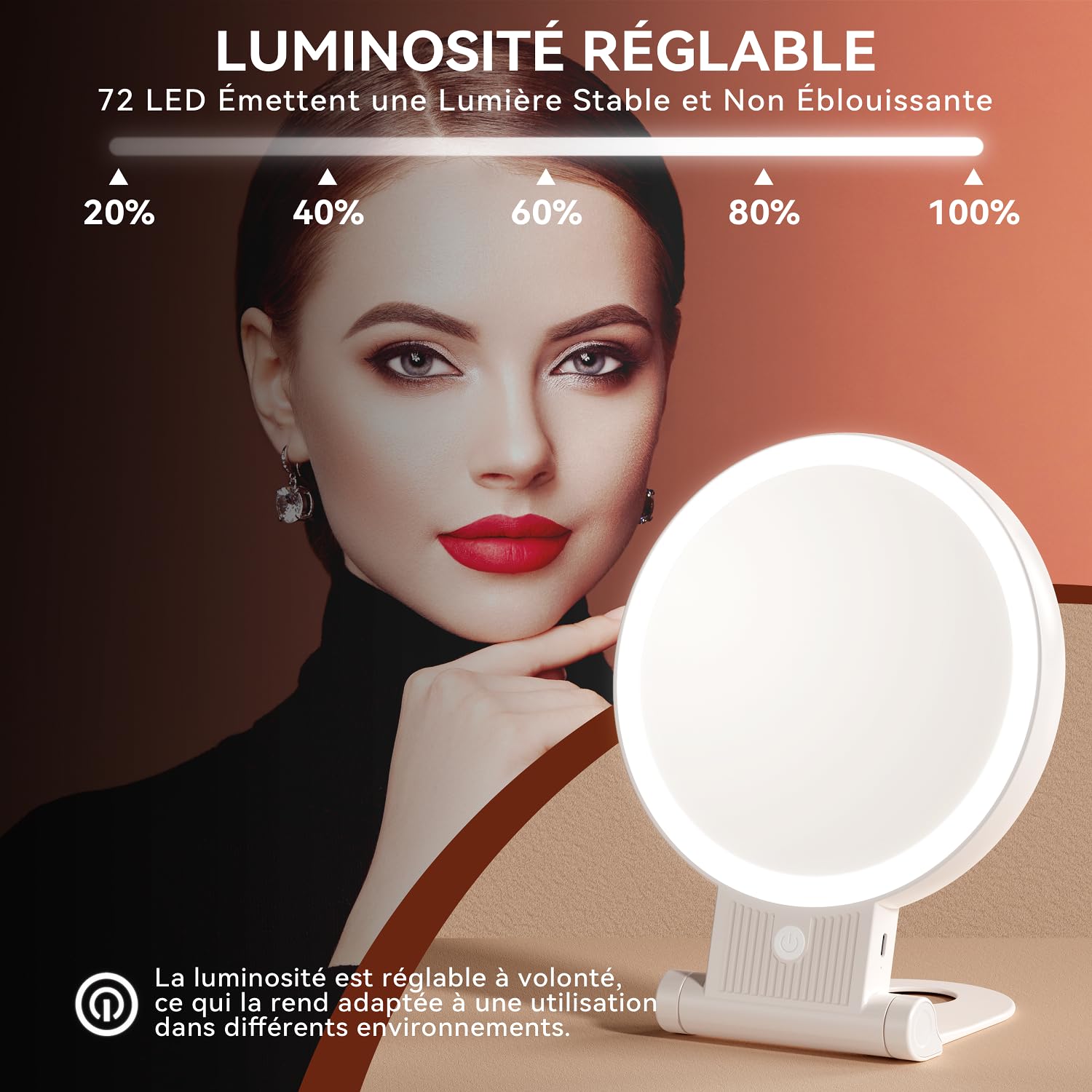 Auxmir Miroir Grossissant Lumineux Double Face 1X/30X, Miroir Maquillage 3 Couleurs D'éclairage, Luminosité Réglable, Batterie 2000mAh Rechargeable, Support 360°, Mural/Portable/Pliable