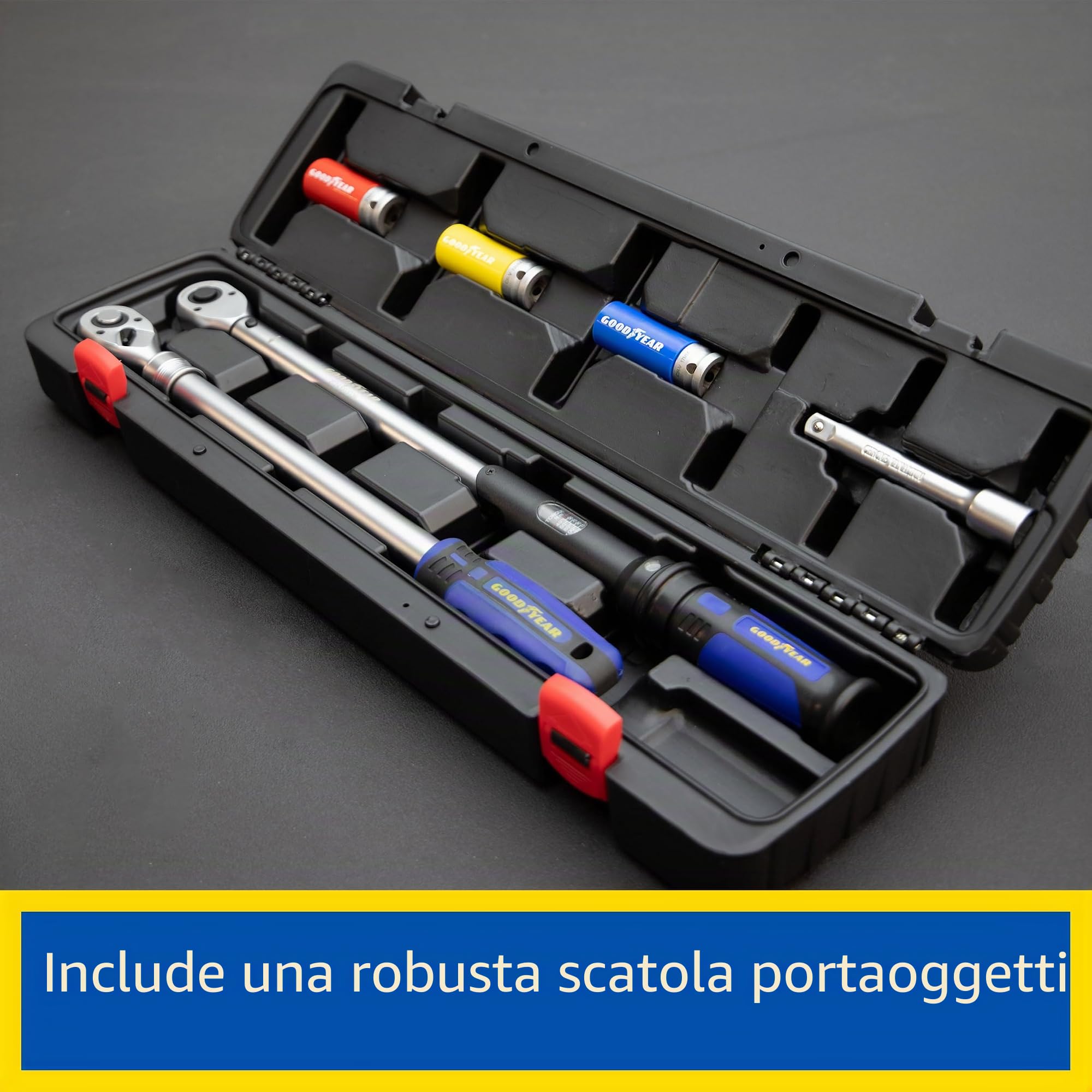 Goodyear Set di 6 chiavi dinamometriche + cricchetto reversibile + set di 3 chiavi a bussola + prolunga, scatola nera