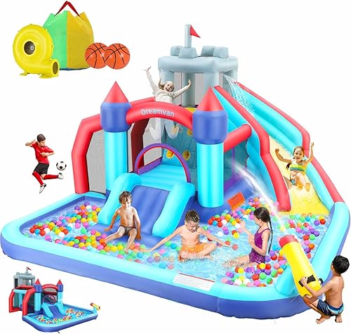 WONFUY Tobogán acuático inflable, casa de rebote con tobogán de piscina para niños con soplador para mojado y seco, escalada, piscina de WONFUY Tobogán acuático inflable, casa de rebote con tobogán de piscina para niños con soplador para mojado y seco, escalada, piscina de