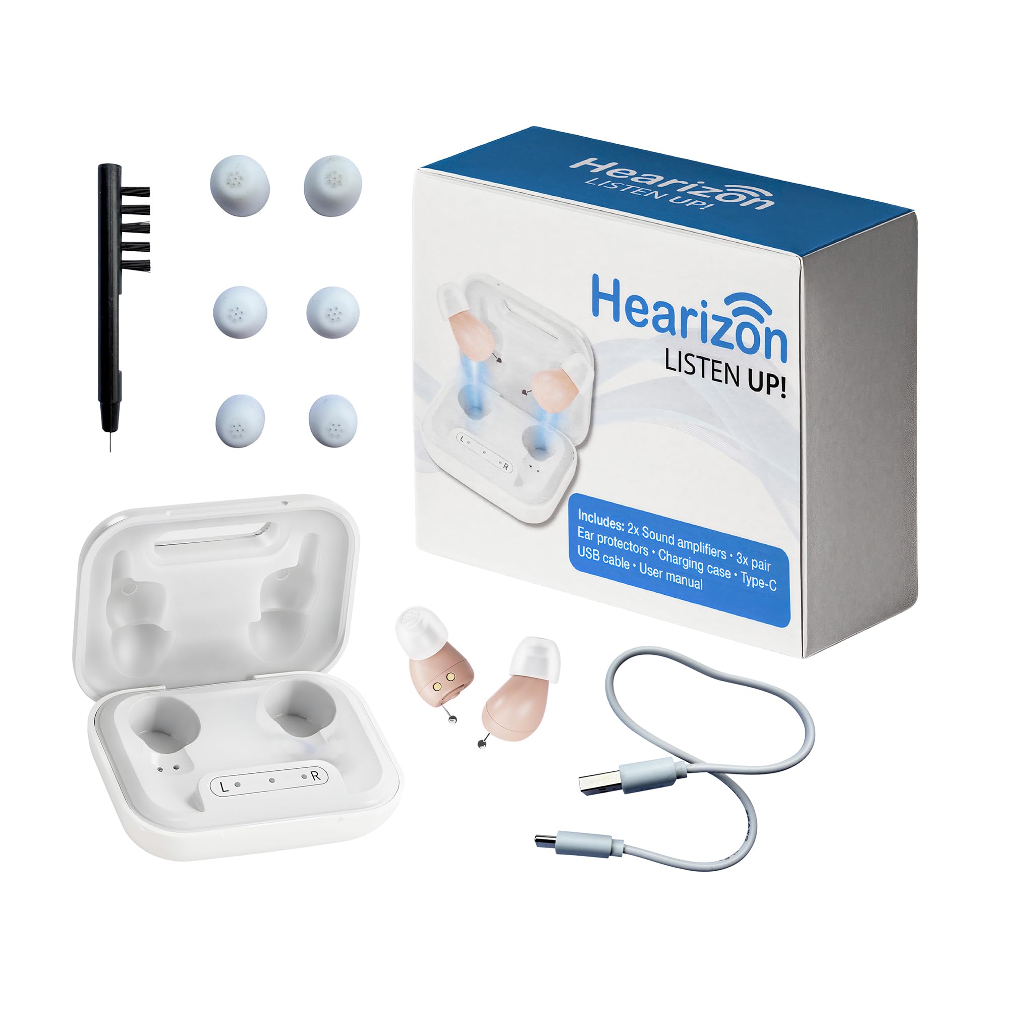 Genius Hearizon Hörverstärker Set 11-tlg, Sprachverstärker, für Senioren, fast unsichtbares In-Ear Design, einfache & intuitive Bedienung, 2 Modi, 5 Lautstärkestufen, bis zu 14 Std. Laufzeit, Ladeetui