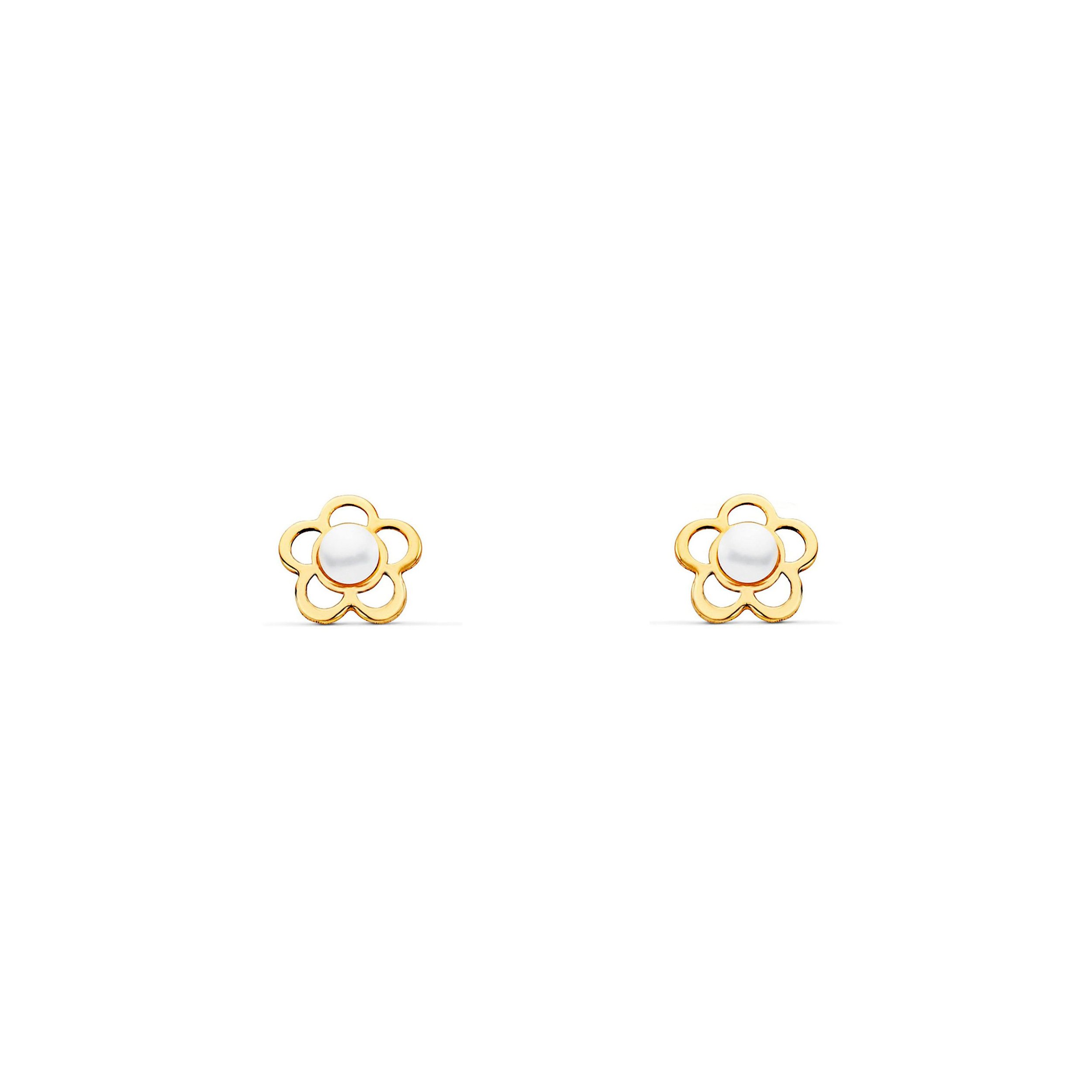 Monde PetitPendientes Bebe Niña Oro Amarillo flor brillo | Margarita Calada Perla Redonda 2 mm | Certificado de Garantía | Incluye Estuche Regalo - Mondepetit