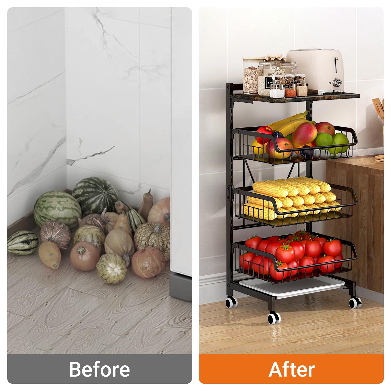 Todeco Panier de Fruits et Legumes avec Roues, Étagère à légumes pour Cuisine, 4 Niveaux avec Planche, Chariot de Rangement avec roulettes verrouillables et Plateau, pour Cuisine, Fruits, légumes | 4 niveaux avec planche, chariot de rangement avec roulett