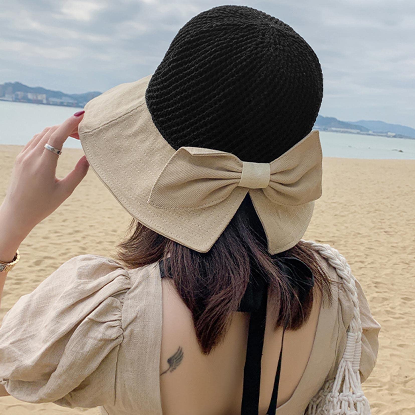 Visiere Solari per Le Donne Wide Brim Cappello Di Paglia Bowknot Beach Visor Cappelli UV Protezione Pieghevole Sun Hat black-56-58cm