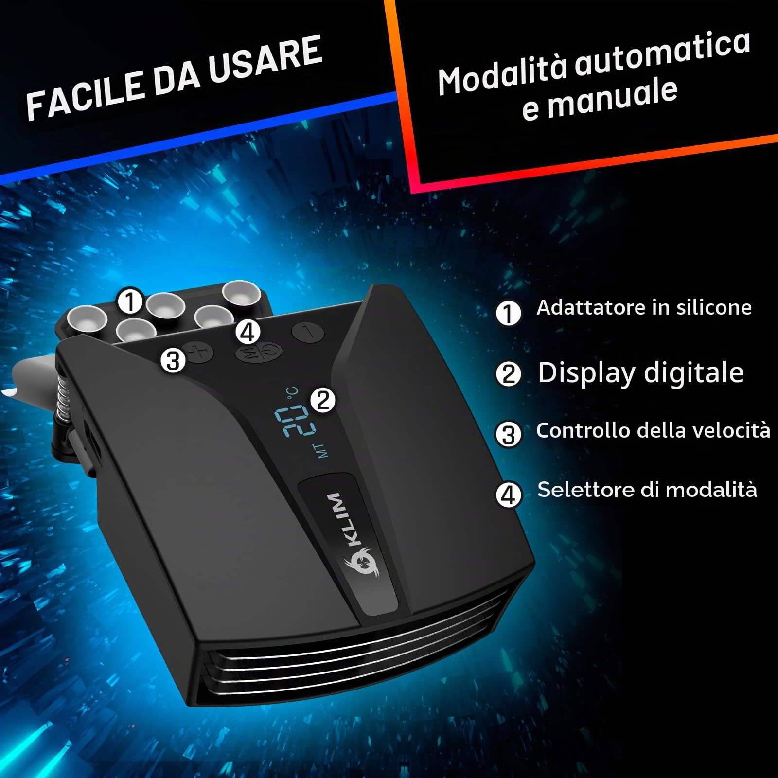 KLIM Tempest - Ventola PC Portatile esterna - Innovativa ed Efficace - Indicatore Temperatura - Modalità Manuale/Auto - 4000 RPM - Compatibile con Base di Raffreddamento pc portatile - NOVITÀ