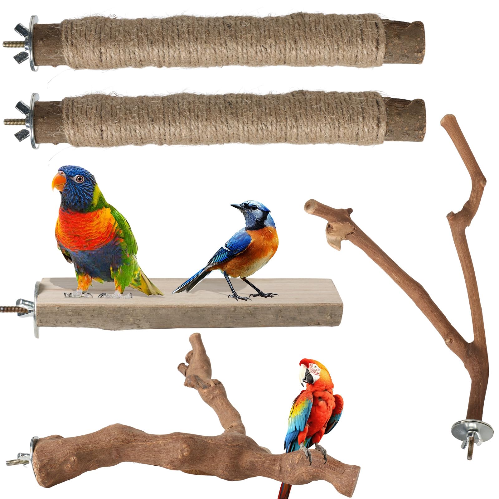 REHALY Large Bird Perch Stand, 5PCS Bird Perch Set - Natural Wood Grape Sticks, Paw Grinding Forks, Stand & Toys for Parakeets, Cockatiels, Conure, Budgies, Birds Cage Accessories
