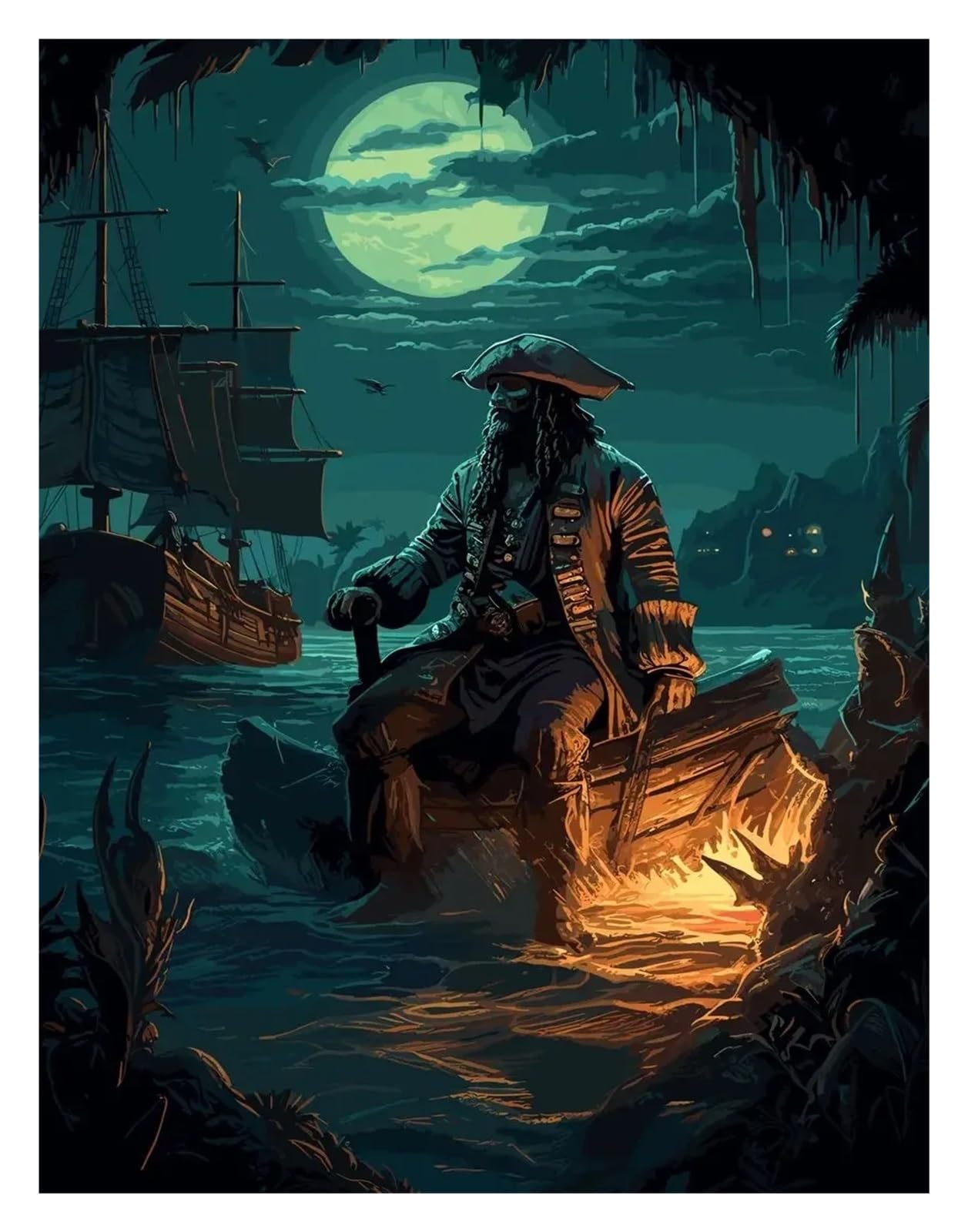 Cuadro de barco pirata y capitán en lienzo de 40x50cm para decoración de salón