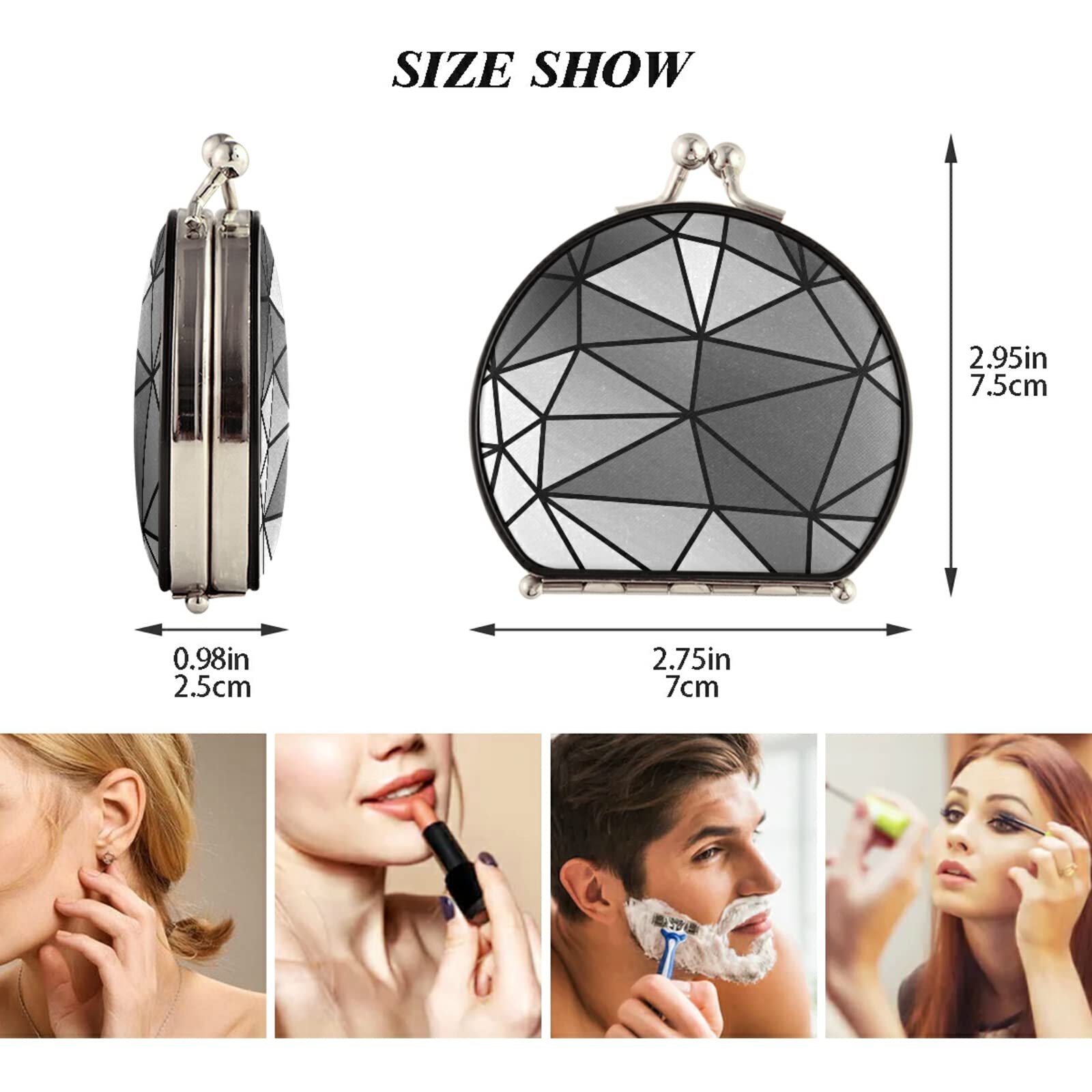 Black White Geometric Seamless Tirangles Texture Compact Makeup Mirror, Twin-Sided Cosmetic Mirror with 2 x 1x Magnification, Buckle Folding Mini Pocket Portable Hand Mirror