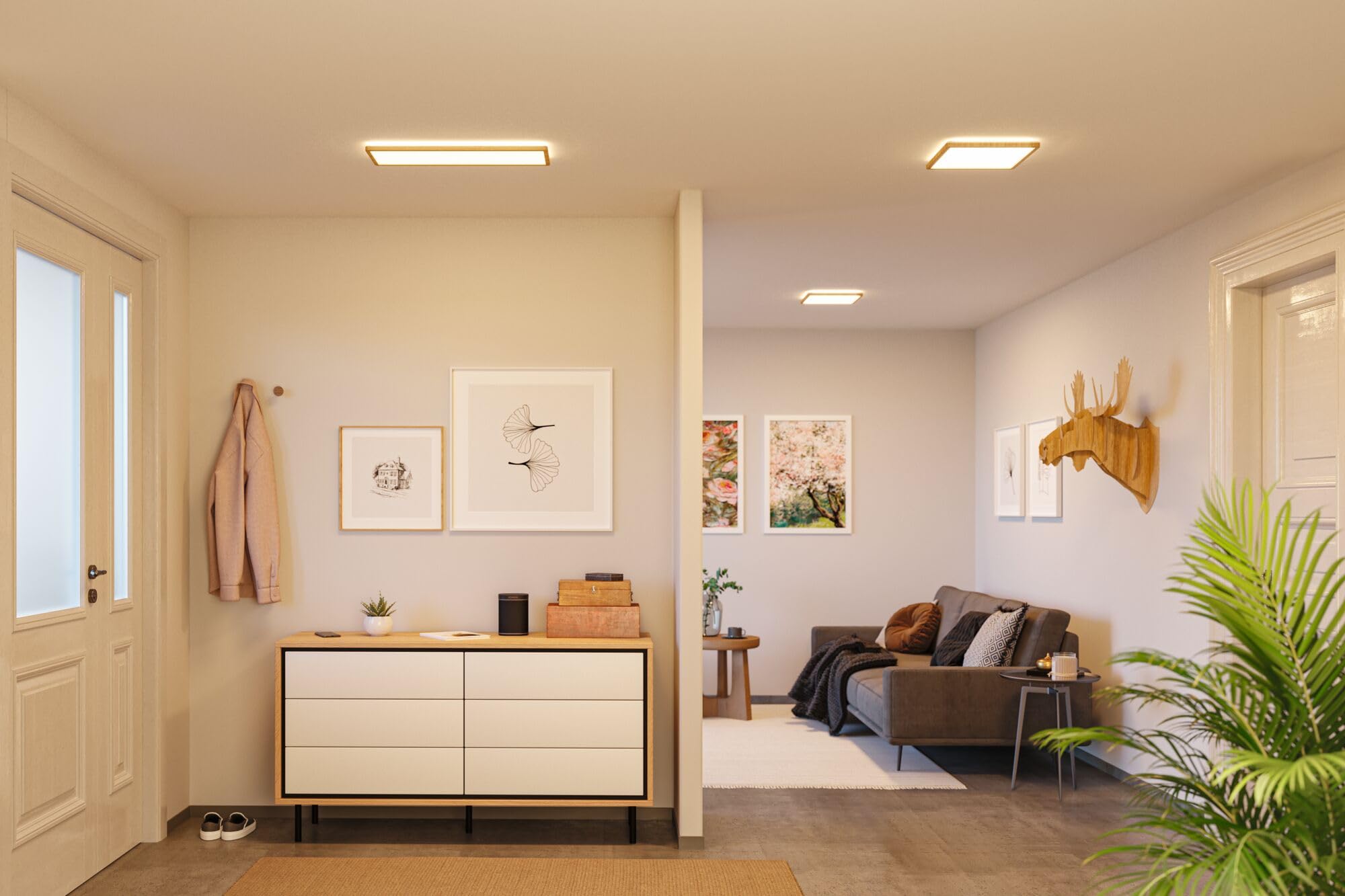 Paulmann 71031 LED Panel Atria Shine Deckenleuchte mit Backlight eckig IP44 22W 2300lm 580x200mm Holzoptik Kunststoff 3000K - Warmweiß Badleuchte