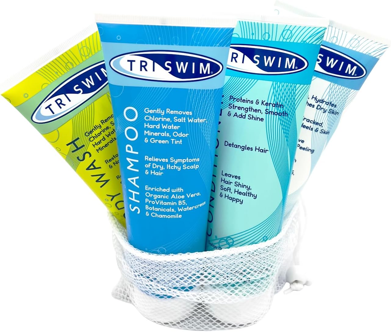 TRISWIM Pack of 4 Swim Care Set | Chlorine Removal Shampoo, Conditioner, Body Wash & Lotion, 8.5 fl oz Each | Removes Chlorine from Hair & Skin | Hydrates, Repairs & Protects Swimmers