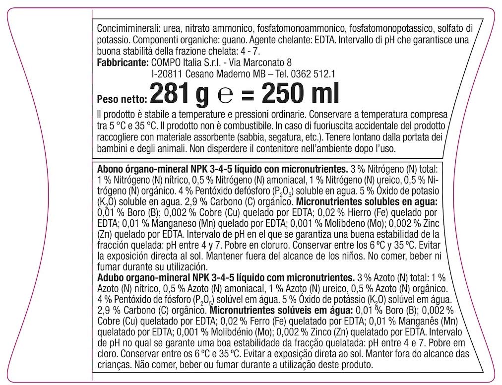 COMPO Concime Liquido per Orchidee 250 ml Fertilizzante Organo-Minerale