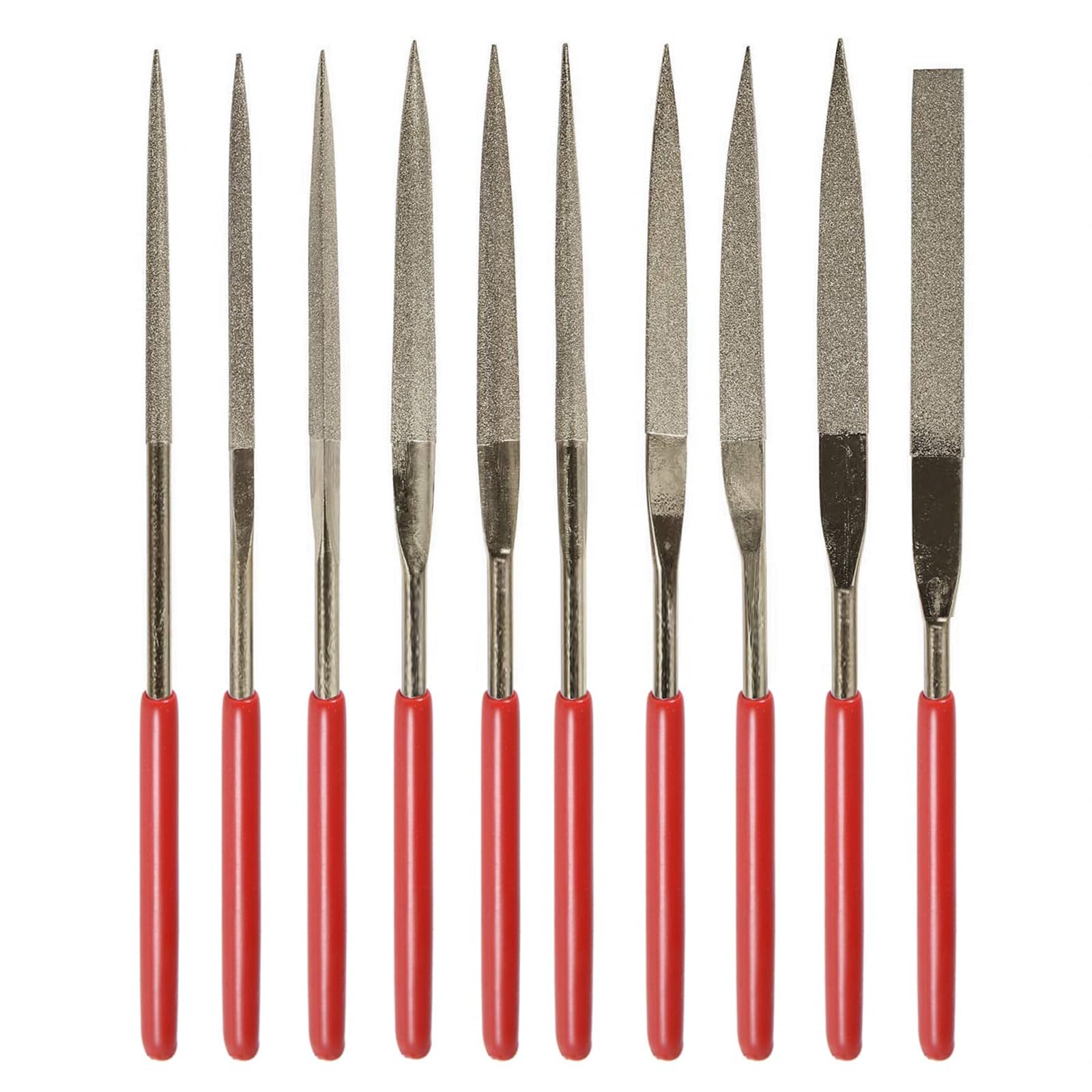 TERRIFI Fine Diamond File Set, Metal Needle Files in Round, Triangular, Square, Flat Shapes, Jeweler Files for Glass, Wood, Stone, Jewelry Carving, Sanding, and Polishing, 5x180mm, 10Piece