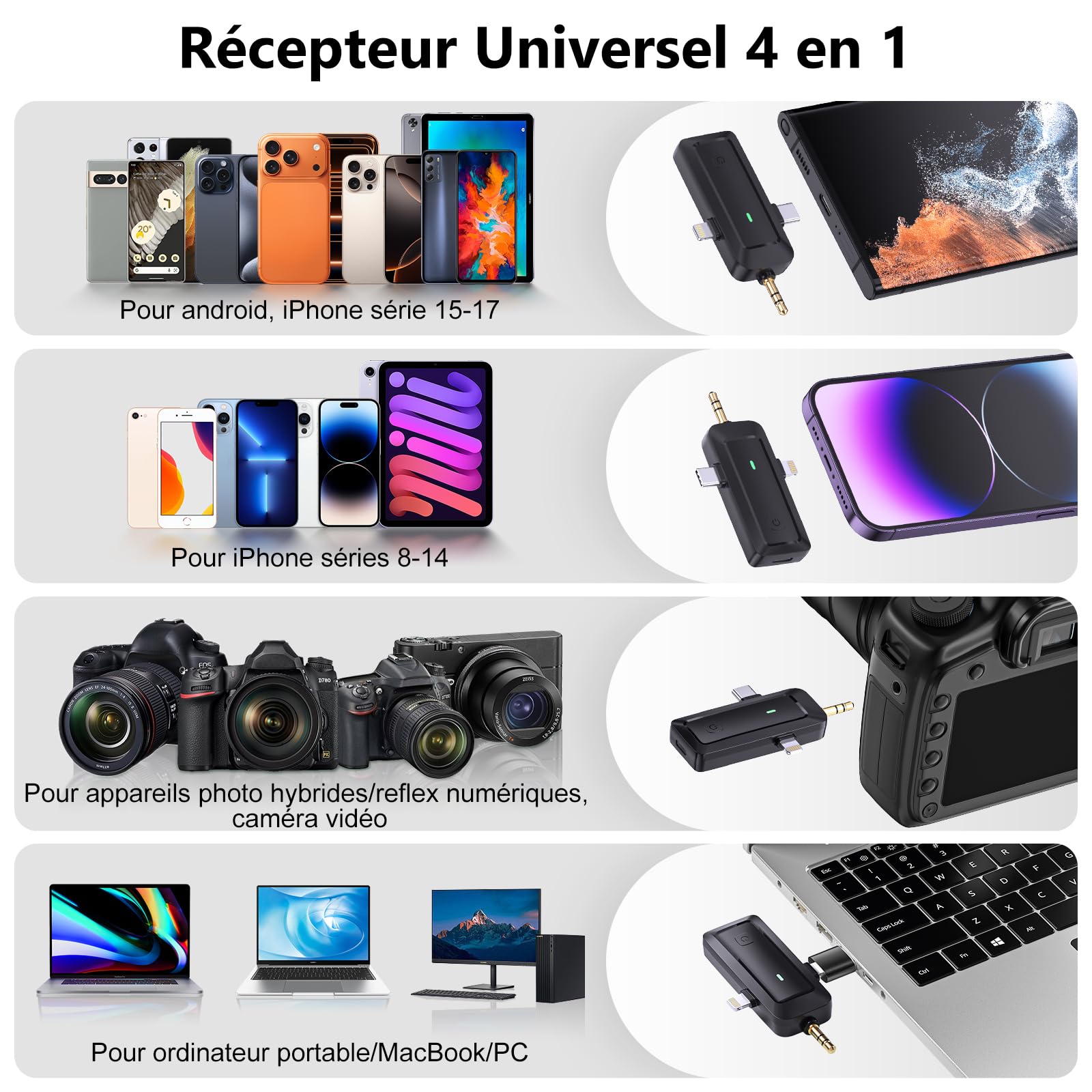 Micro Cravate sans Fil pour iPhone/Téléphone/Caméra/Ordinateur - Mini Microphone 4 en 1 à Pince avec Filtres Anti-Pop pour Enregistrement Vidéo Diffusion en Direct Vlogs et TikTok